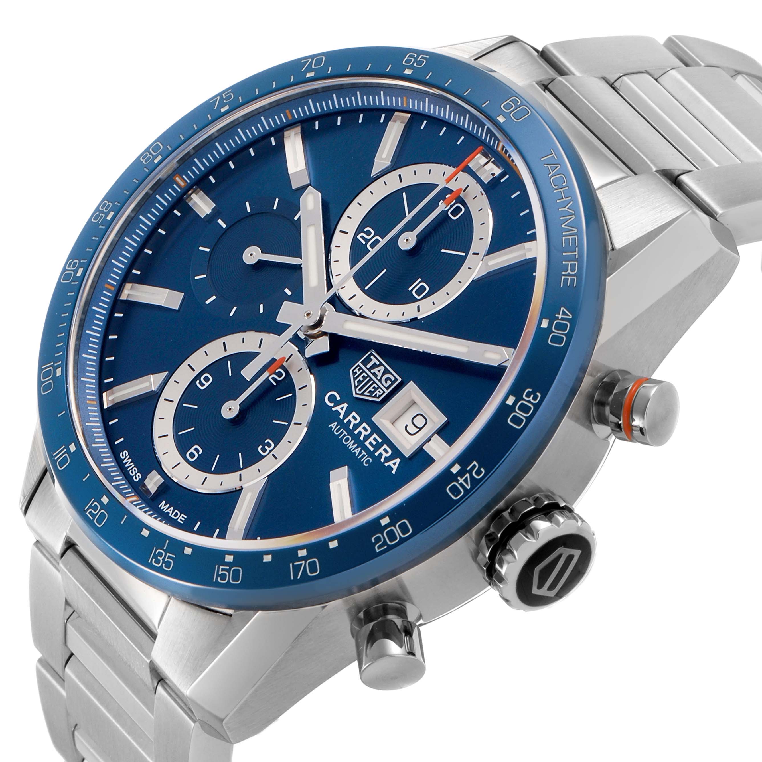 The Tag Heuer Carrera CBM2112.BA0651 Men's Stainless Steel Blue Dial watch is shown at an angled view, highlighting the blue dial, subdials, tachymeter, and stainless steel bracelet.