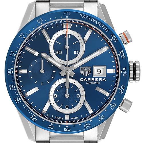The Tag Heuer Carrera CBM2112.BA0651 Men's Stainless Steel Blue Dial watch is shown from the front, highlighting the dial, bezel, and crown.