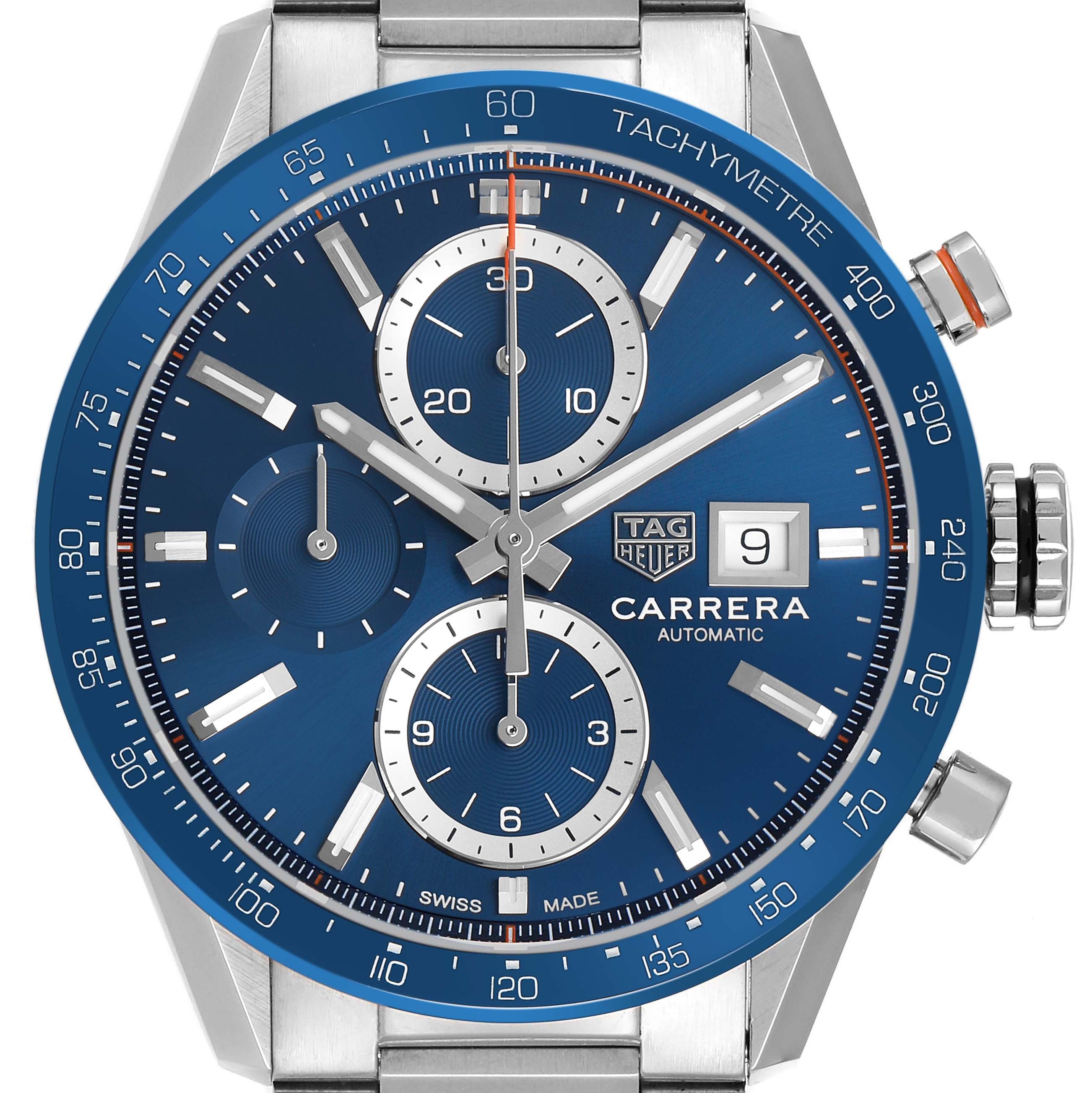 The Tag Heuer Carrera CBM2112.BA0651 Men's Stainless Steel Blue Dial watch is shown from the front, highlighting the blue dial, subdials, date window, and tachymeter bezel.