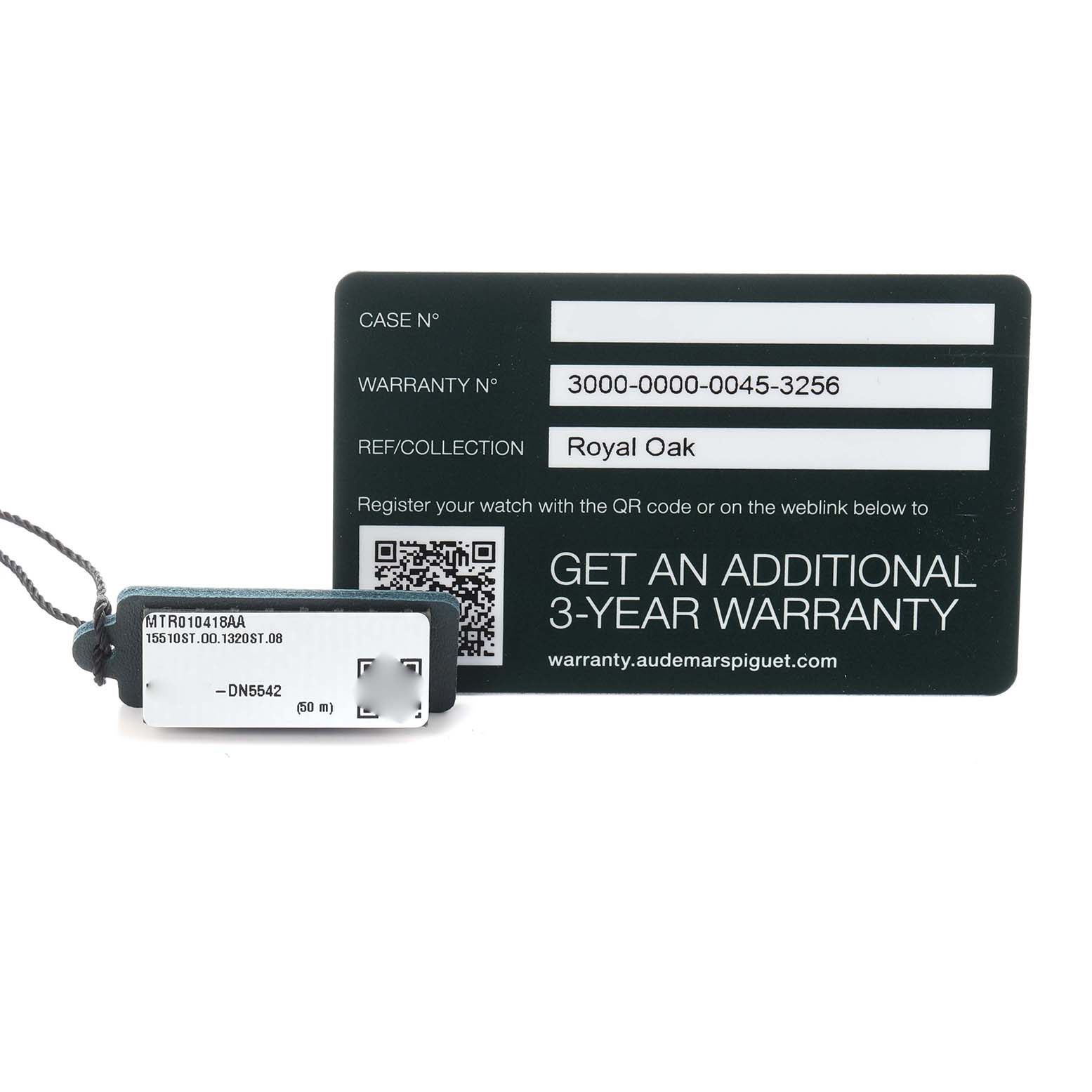 The image shows the warranty card and tag for an Audemars Piguet Royal Oak 15510ST.OO.1320ST.08 Men
s Stainless Steel Silver Dial 15510ST.OO.1320ST.08 Men
s Stainless Steel Silver Dial watch.