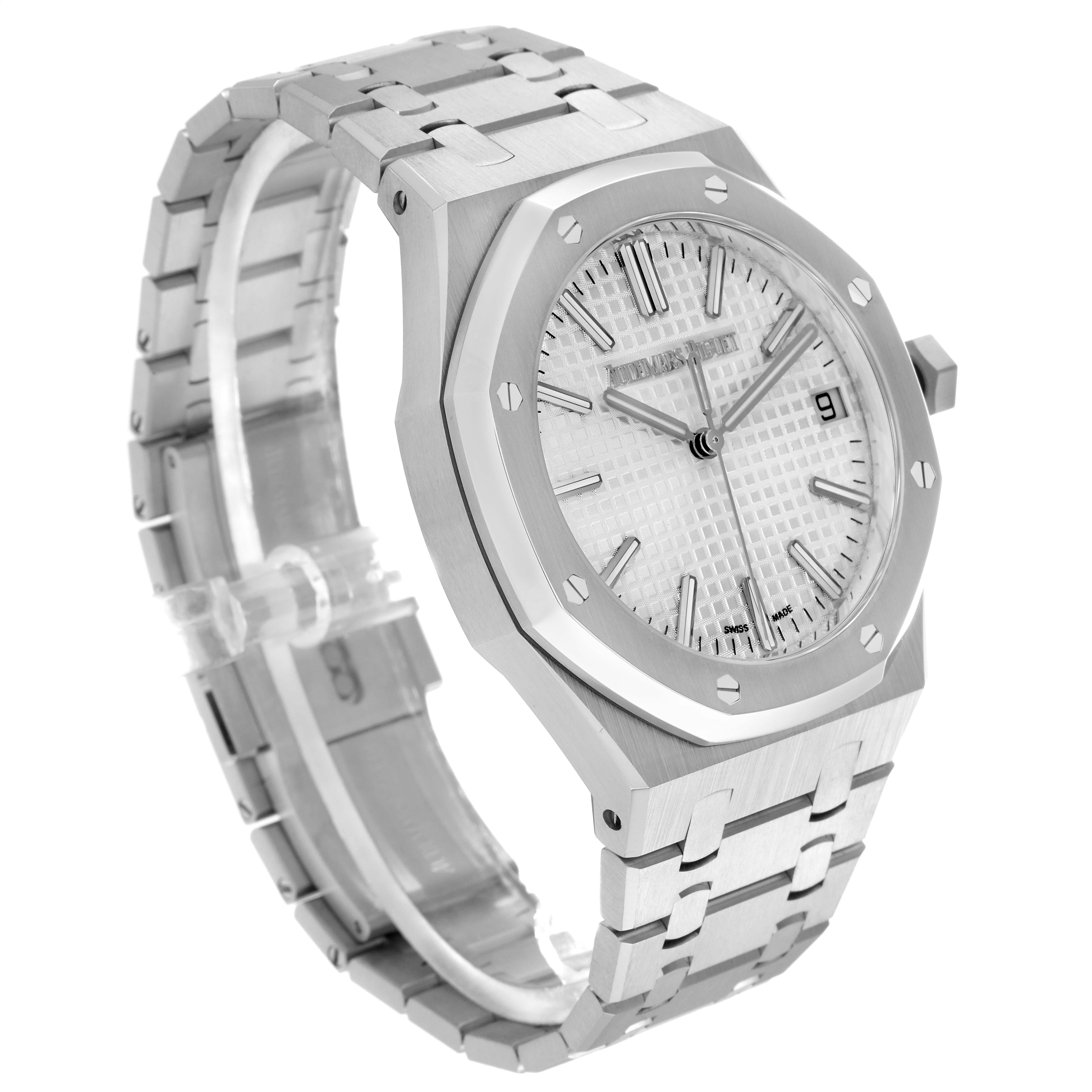 The image shows the Audemars Piguet Royal Oak 15510ST.OO.1320ST.08 Men
s Stainless Steel Silver Dial 15510ST.OO.1320ST.08 Men
s Stainless Steel Silver Dial from an angled view, highlighting the bracelet, bezel, and face with the date window.