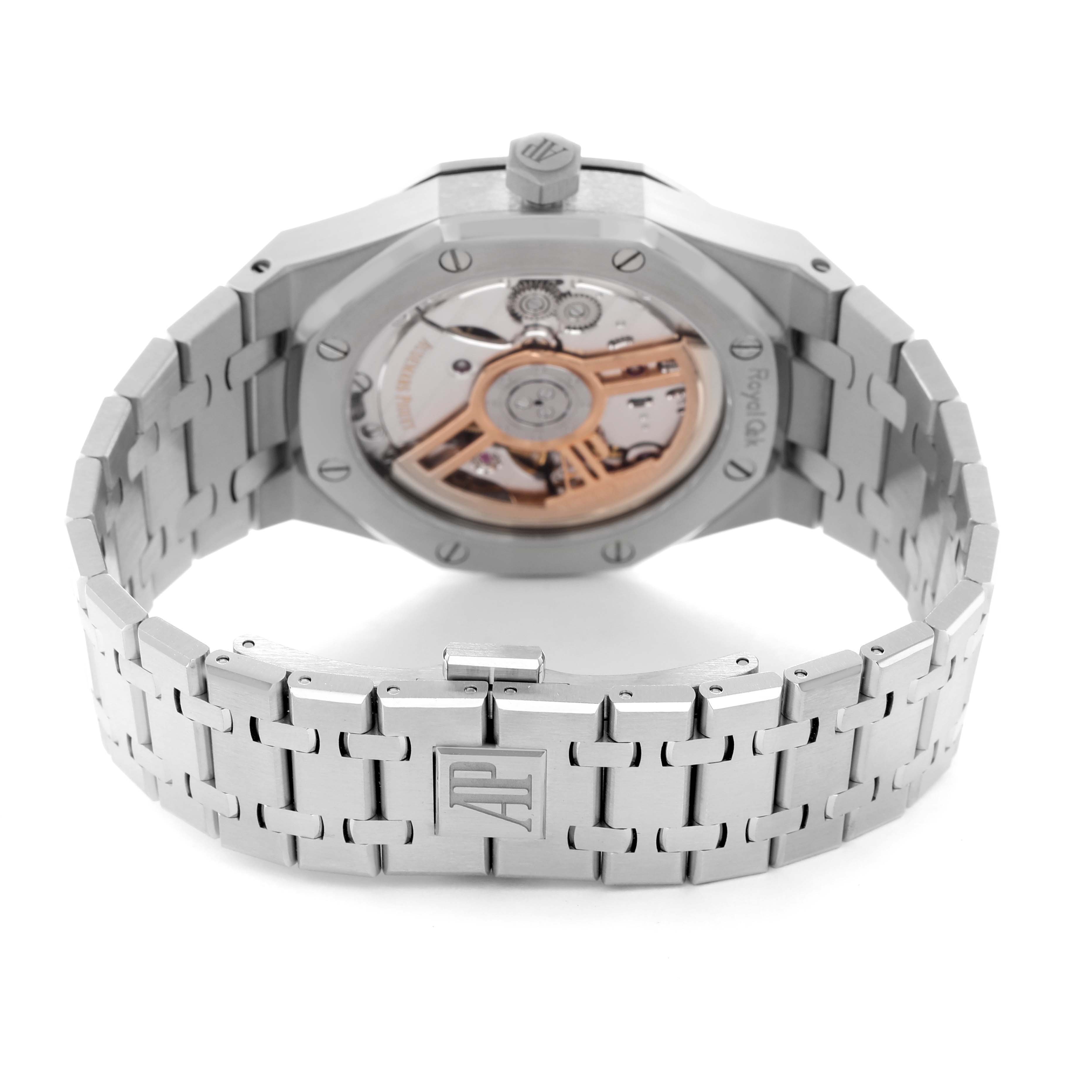 The image shows the back view of the Audemars Piguet Royal Oak 15510ST.OO.1320ST.08 Men
s Stainless Steel Silver Dial 15510ST.OO.1320ST.08 Men
s Stainless Steel Silver Dial, highlighting the open case back, bracelet, and clasp.