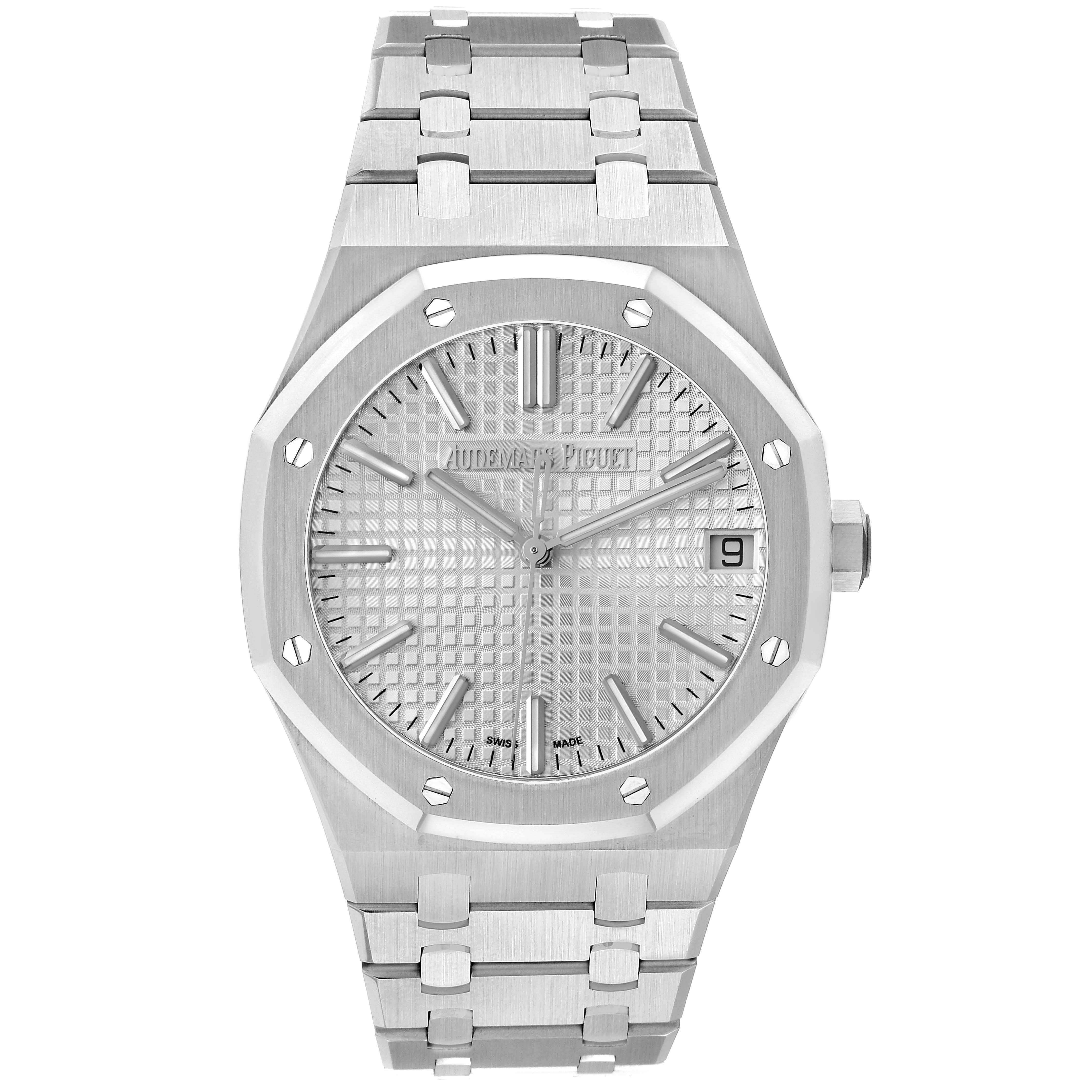 The Audemars Piguet Royal Oak 15510ST.OO.1320ST.08 Men
s Stainless Steel Silver Dial 15510ST.OO.1320ST.08 Men
s Stainless Steel Silver Dial watch is shown front-facing, displaying the octagonal bezel, textured dial, bracelet, and date window.