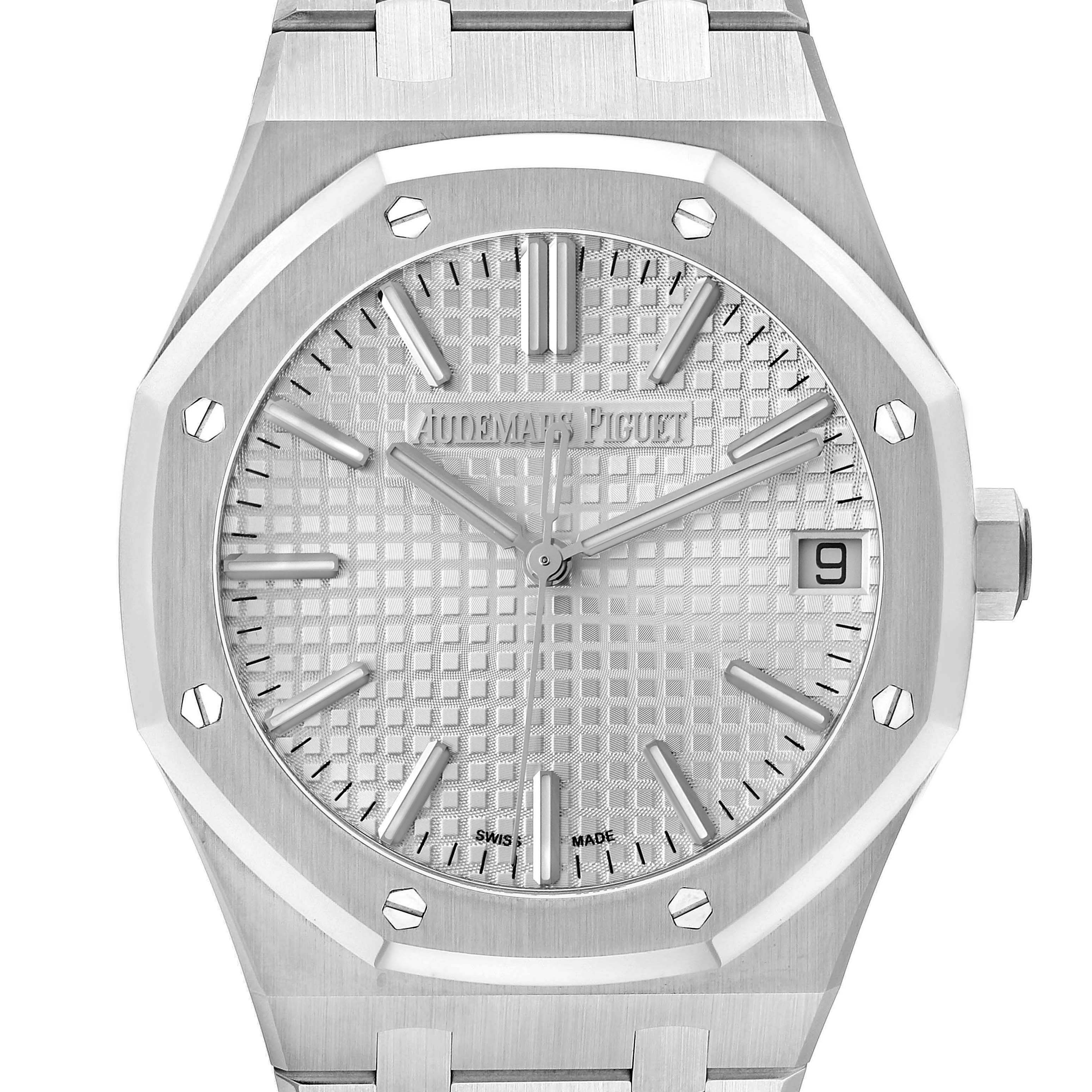 The image shows a frontal view of the Audemars Piguet Royal Oak 15510ST.OO.1320ST.08 Men
s Stainless Steel Silver Dial 15510ST.OO.1320ST.08 Men
s Stainless Steel Silver Dial watch, highlighting the dial, bezel, and crown.
