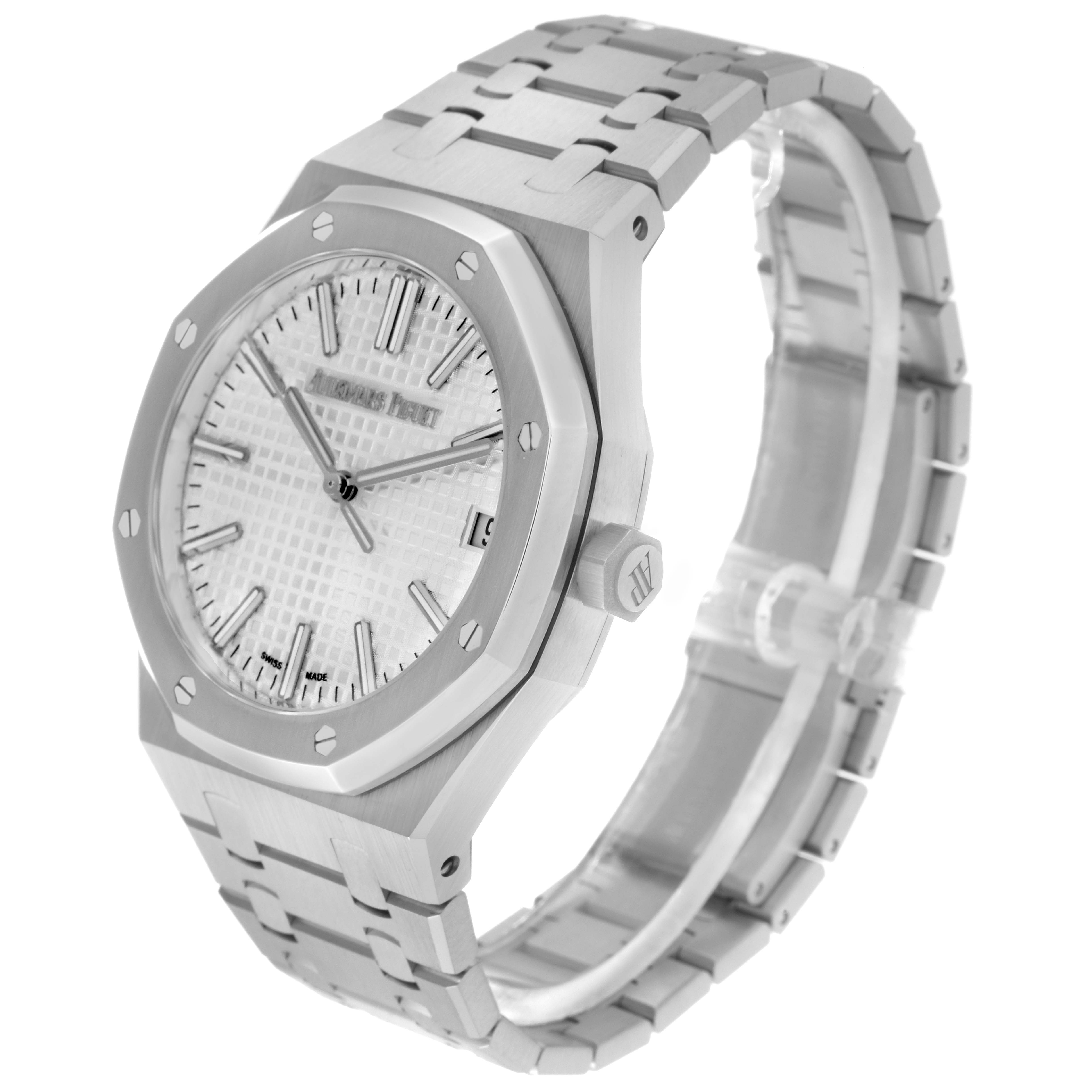The Audemars Piguet Royal Oak 15510ST.OO.1320ST.08 Men
s Stainless Steel Silver Dial 15510ST.OO.1320ST.08 Men
s Stainless Steel Silver Dial watch is shown at a three-quarter angle, highlighting the dial, bezel, crown, and bracelet.