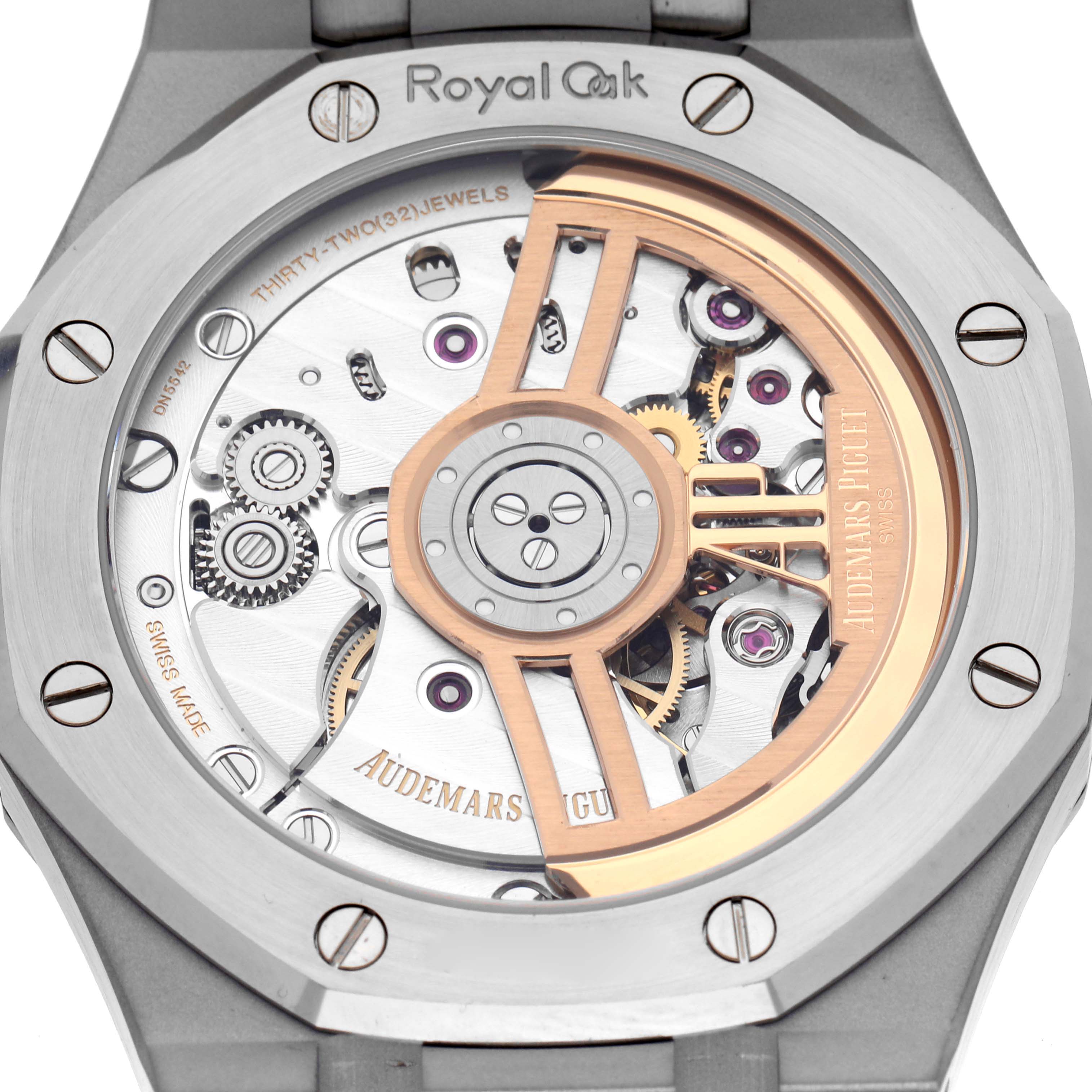 The image shows the back of the Royal Oak by Audemars Piguet, highlighting its open case back and movement details.