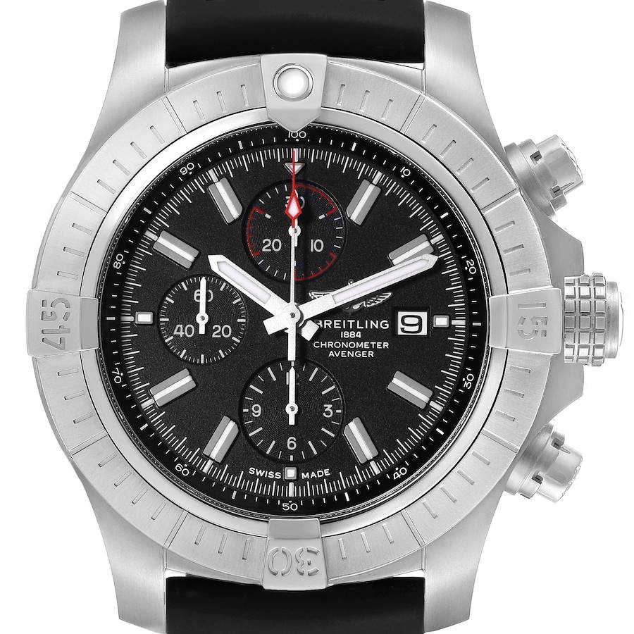 The Breitling Avenger watch is shown from the front, displaying its bezel, dial, subdials, and side pushers.