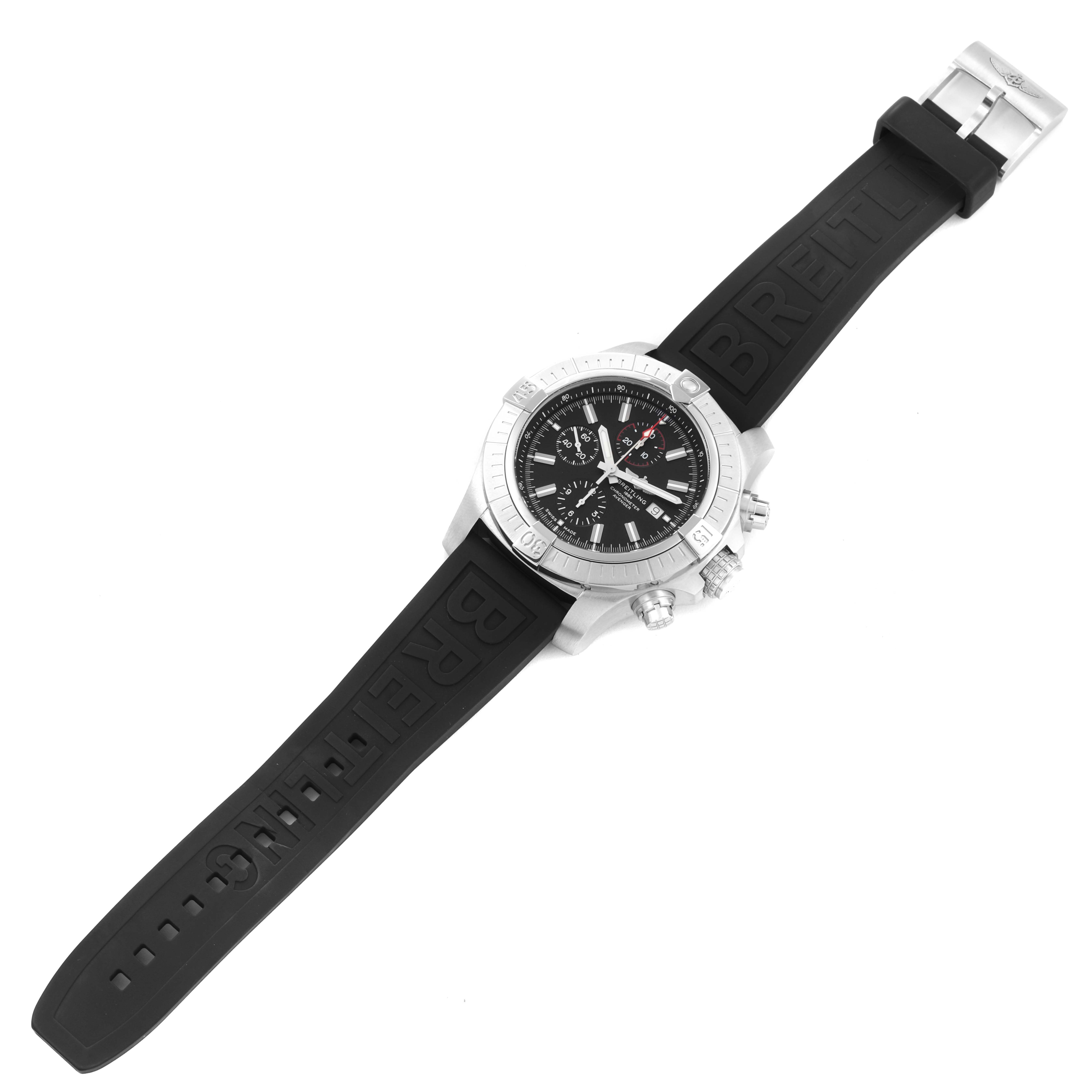 The Breitling Avenger A13375 Men
s Stainless Steel Black Dial A13375 Men
s Stainless Steel Black Dial watch is shown from a top-down angle, displaying the face, bezel, crown, pushers, and black rubber strap.