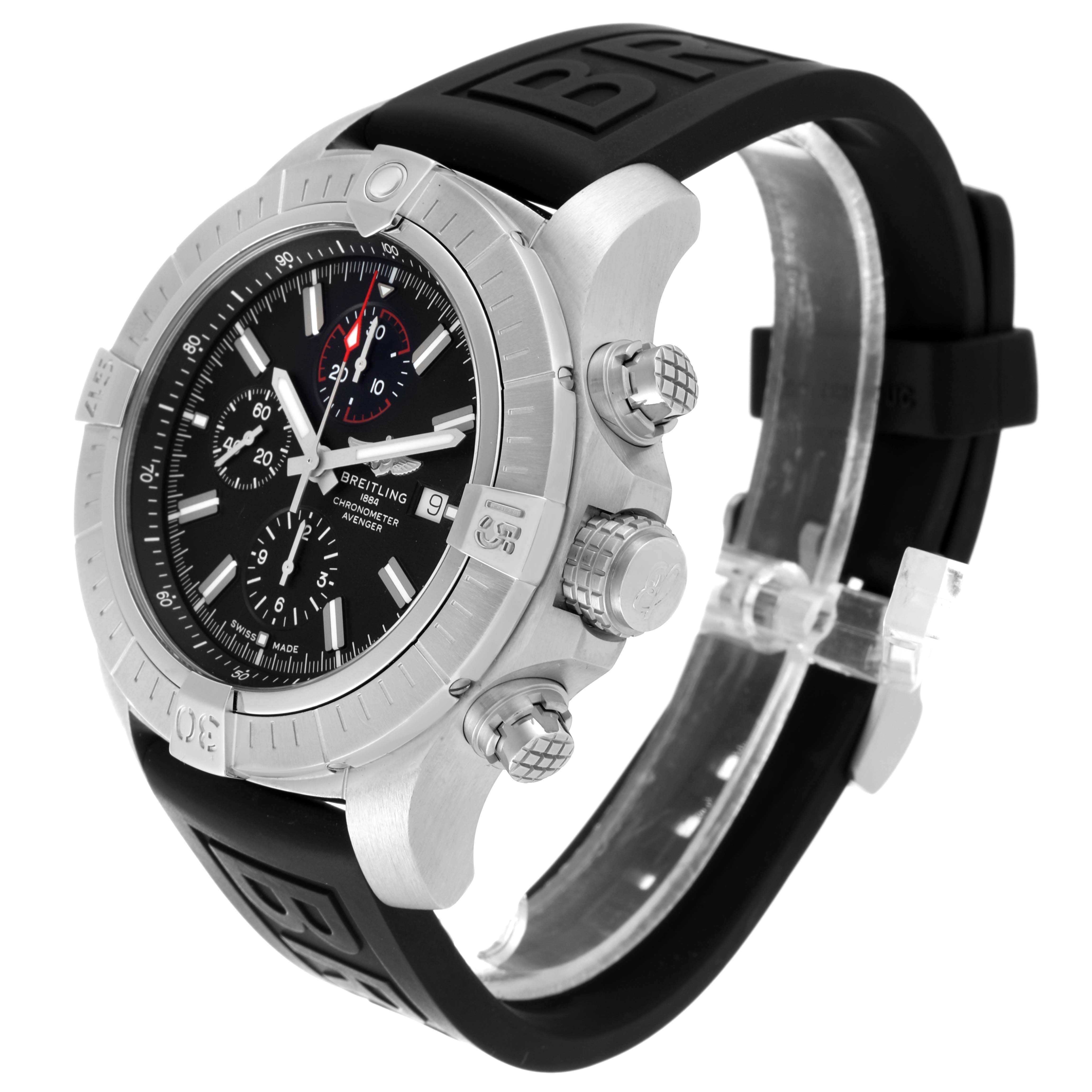 The Breitling Avenger A13375 Men
s Stainless Steel Black Dial A13375 Men
s Stainless Steel Black Dial watch is shown from a three-quarter angle, displaying the dial, bezel, crown, pushers, and strap.