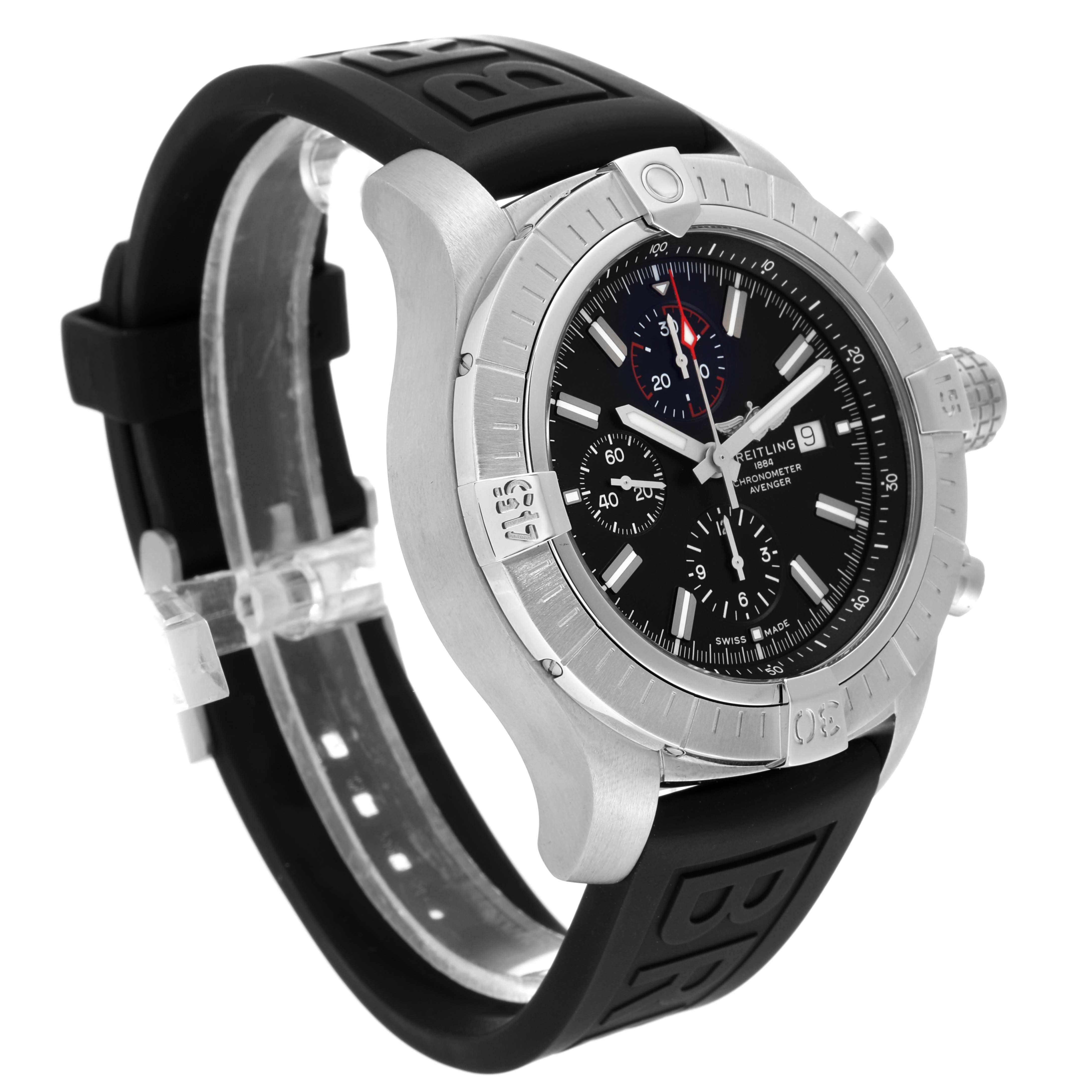 The Breitling Avenger A13375 Men
s Stainless Steel Black Dial A13375 Men
s Stainless Steel Black Dial watch is shown at a slight side angle, displaying the bezel, dial, crown, pushers, and black strap.