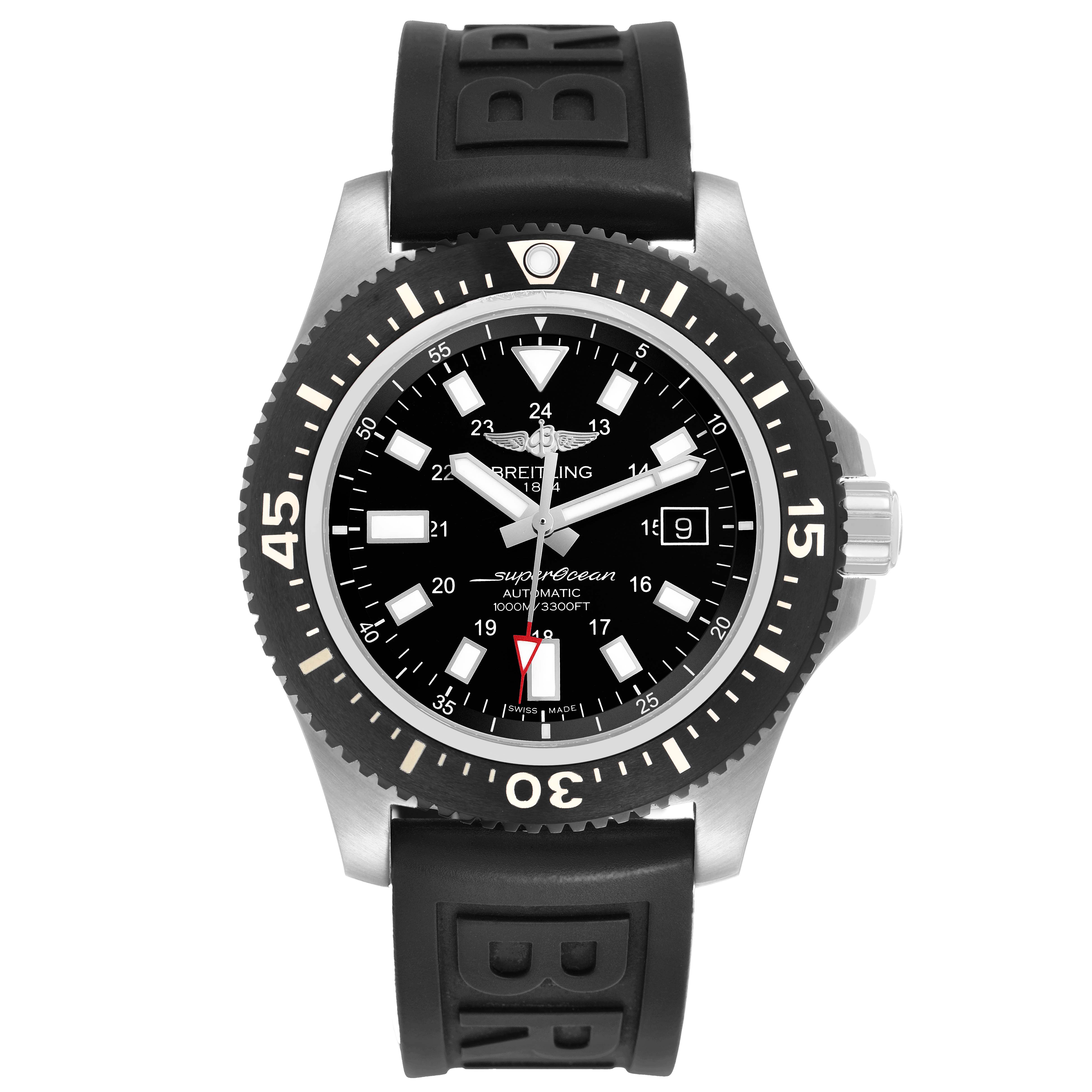 The Breitling Superocean Y17393 Men's Stainless Steel Black Dial watch is shown from a front angle, highlighting the bezel, face, and rubber strap.