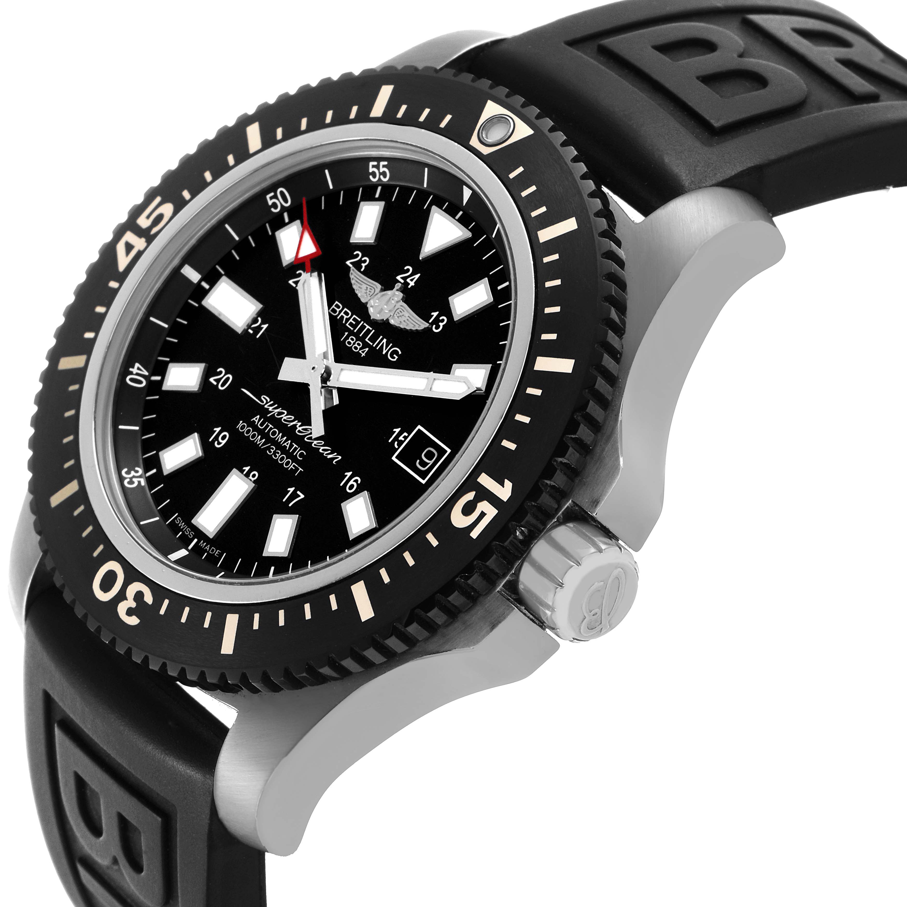 The Breitling Superocean Y17393 Men's Stainless Steel Black Dial watch is shown at an angle displaying the face, bezel, crown, and part of the strap.
