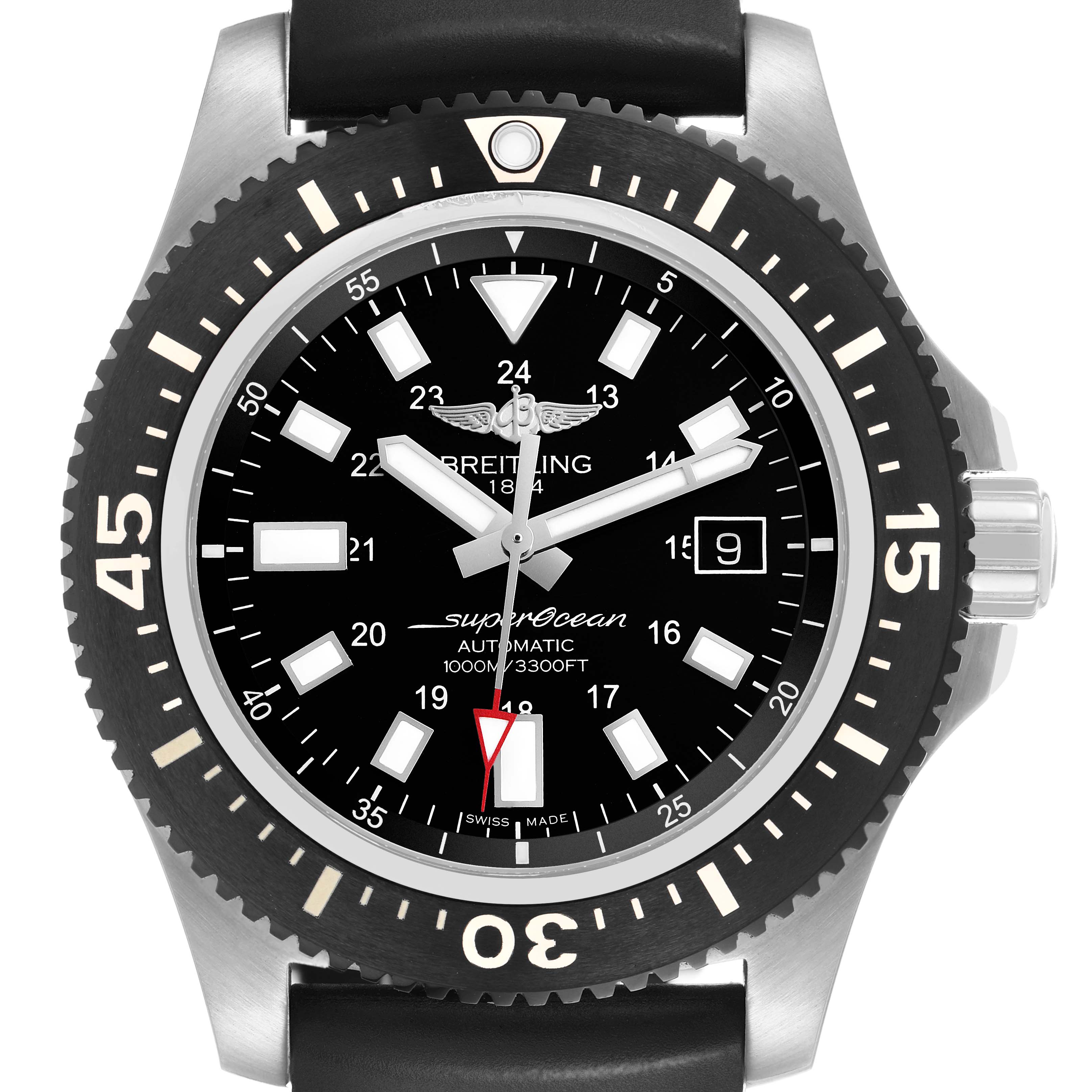 The Breitling Superocean Y17393 Men's Stainless Steel Black Dial watch is shown from a front angle, highlighting the dial, bezel, and crown.