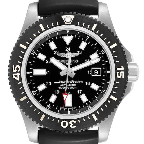 The Breitling Superocean Y17393 Men's Stainless Steel Black Dial watch is shown from the front, displaying the bezel, dial, hands, date window, and part of the strap.