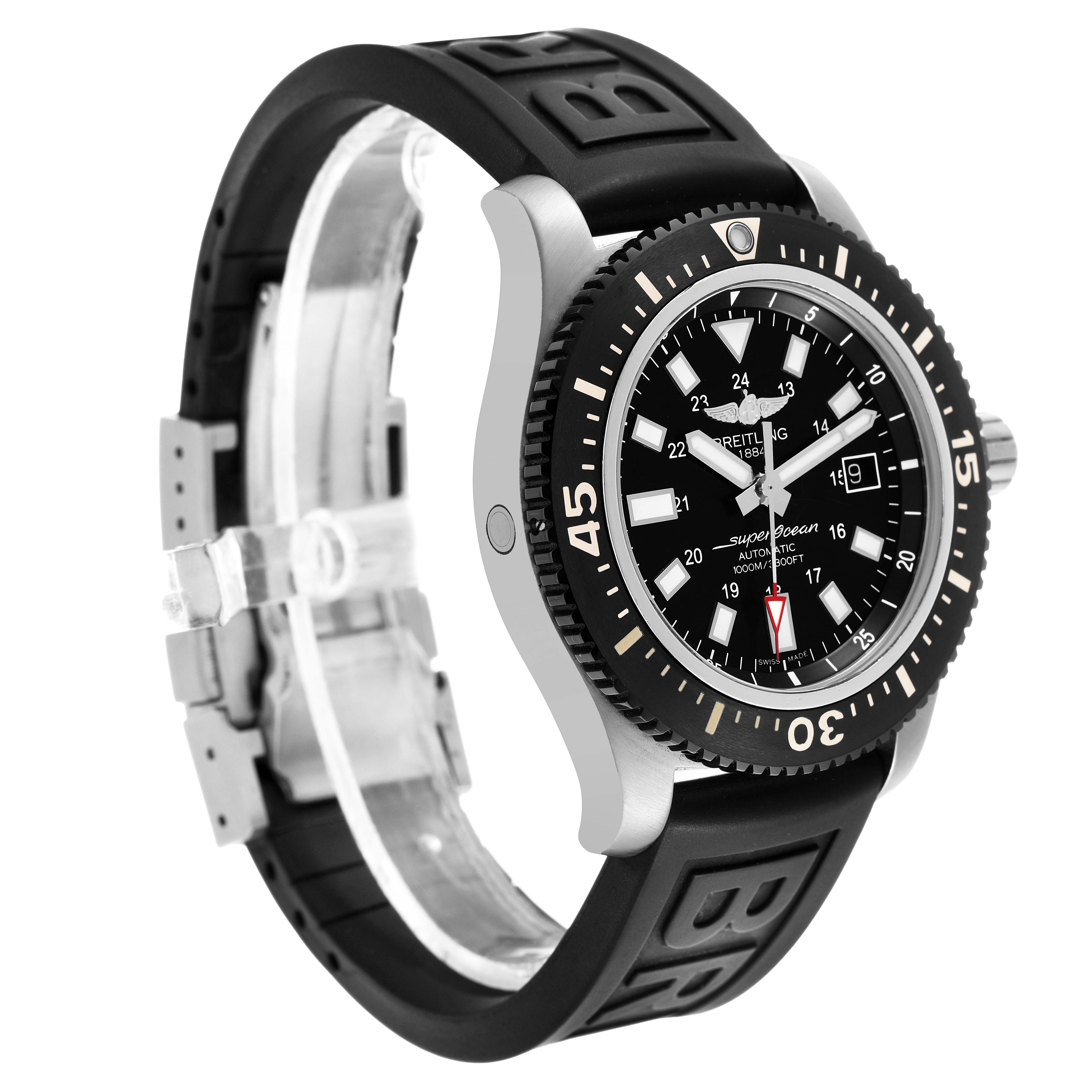The Breitling Superocean Y17393 Men's Stainless Steel Black Dial watch is shown at a side angle, highlighting the bezel, dial, and rubber strap.