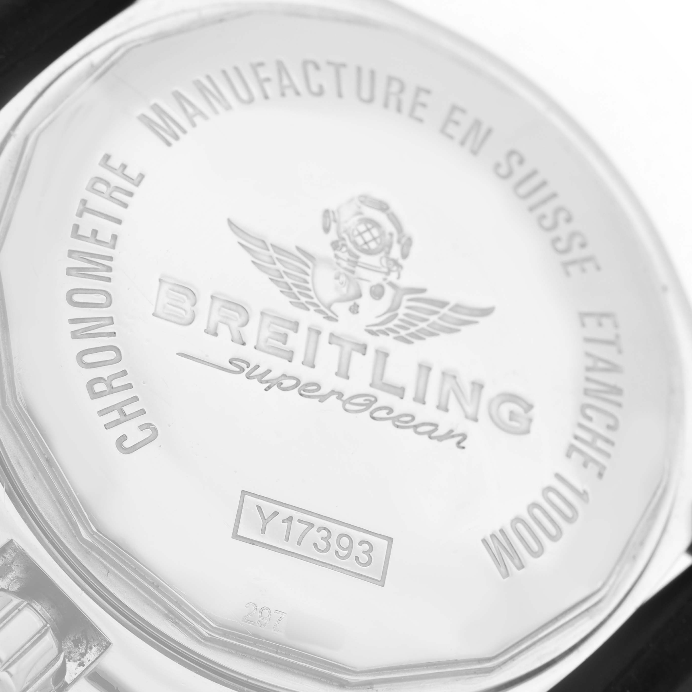 The image shows the engraved case back of the Breitling Superocean Y17393 Men's Stainless Steel Black Dial watch from a rear angle.