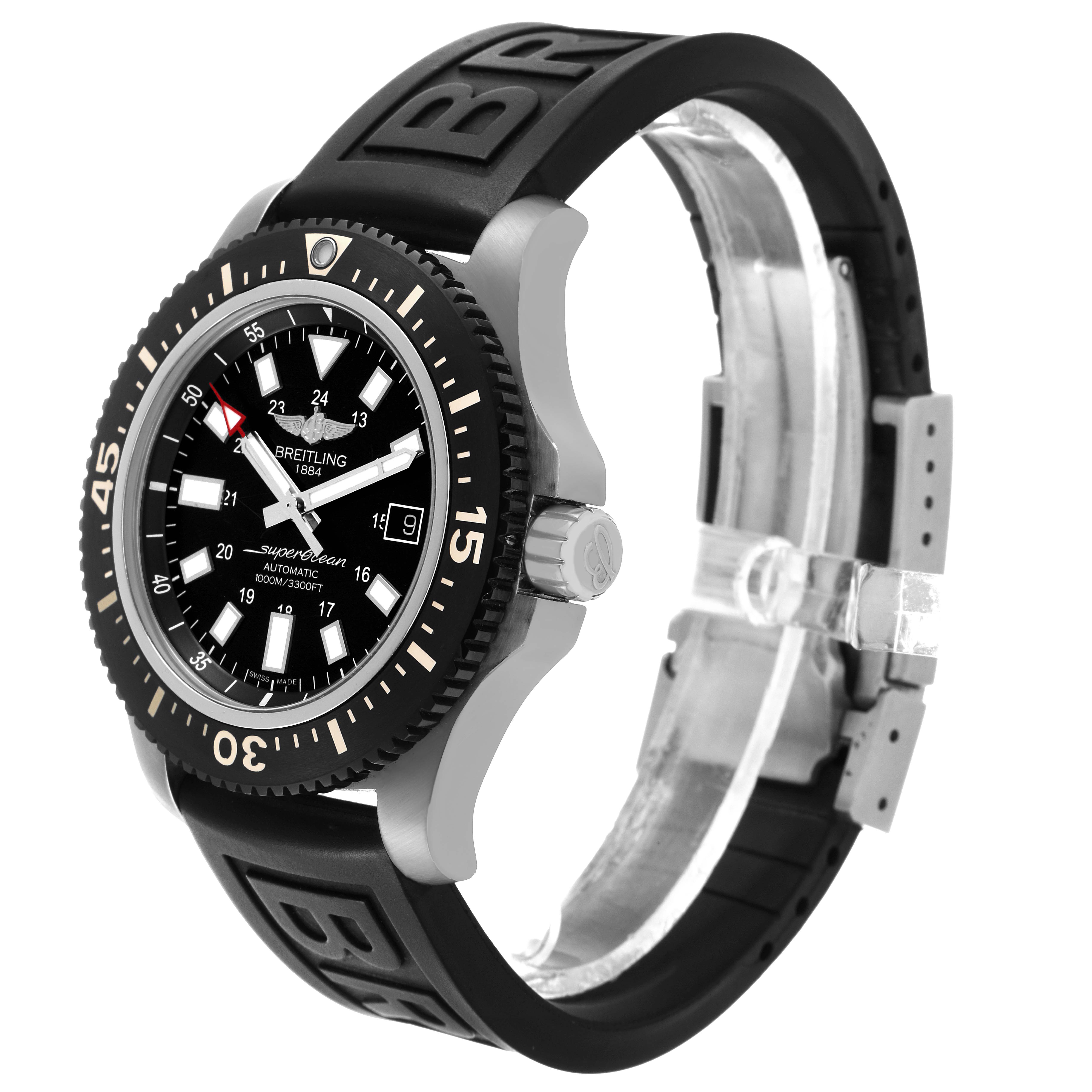 The Breitling Superocean Y17393 Men's Stainless Steel Black Dial watch is shown from a front-side angle, highlighting the dial, bezel, case, and black rubber strap.