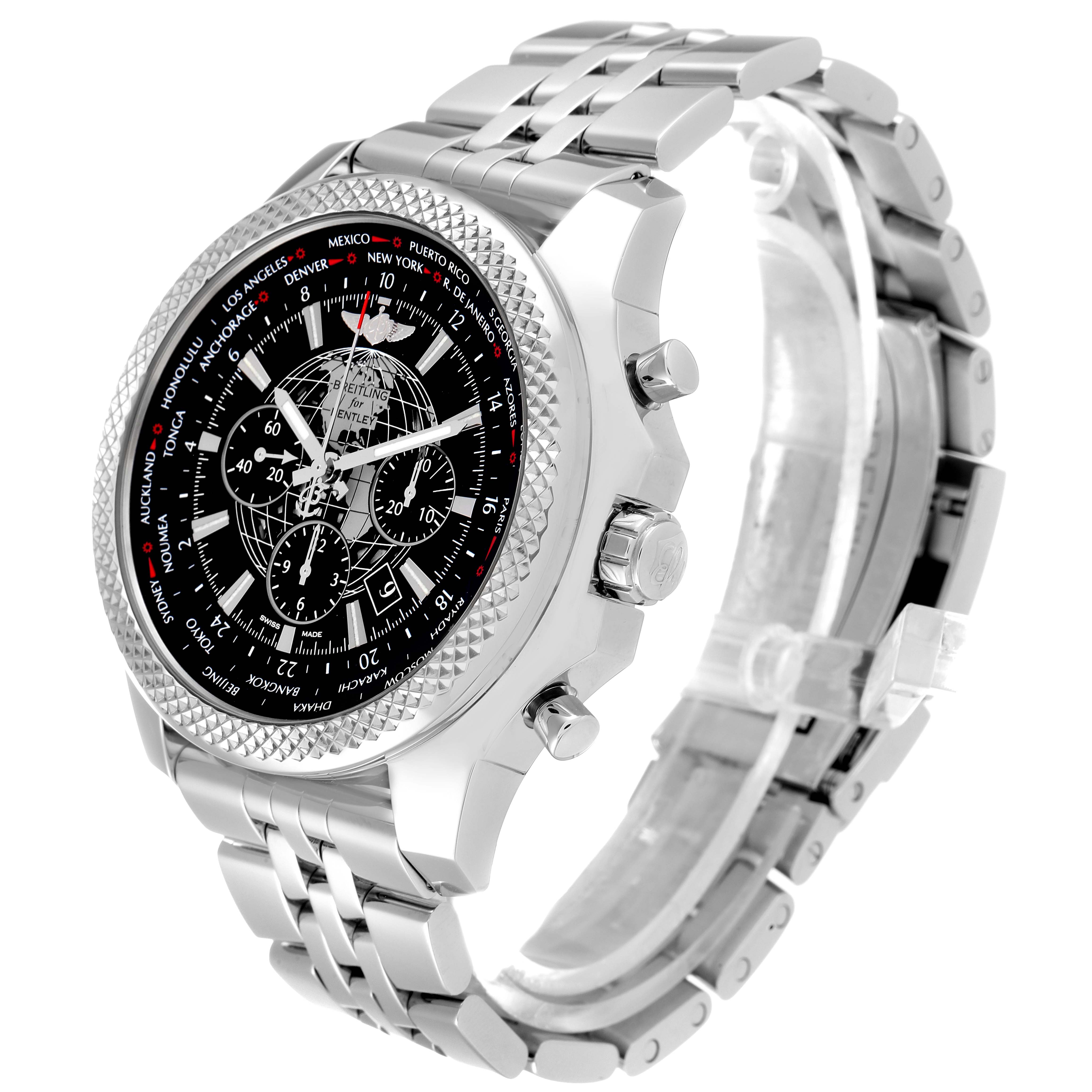 The image shows a Breitling Bentley AB0521U4/BC65 Men's Stainless Steel Black Dial AB0521U4/BC65 Men's Stainless Steel Black Dial watch at a three-quarter angle, highlighting its face, bezel, crown, and metal bracelet.