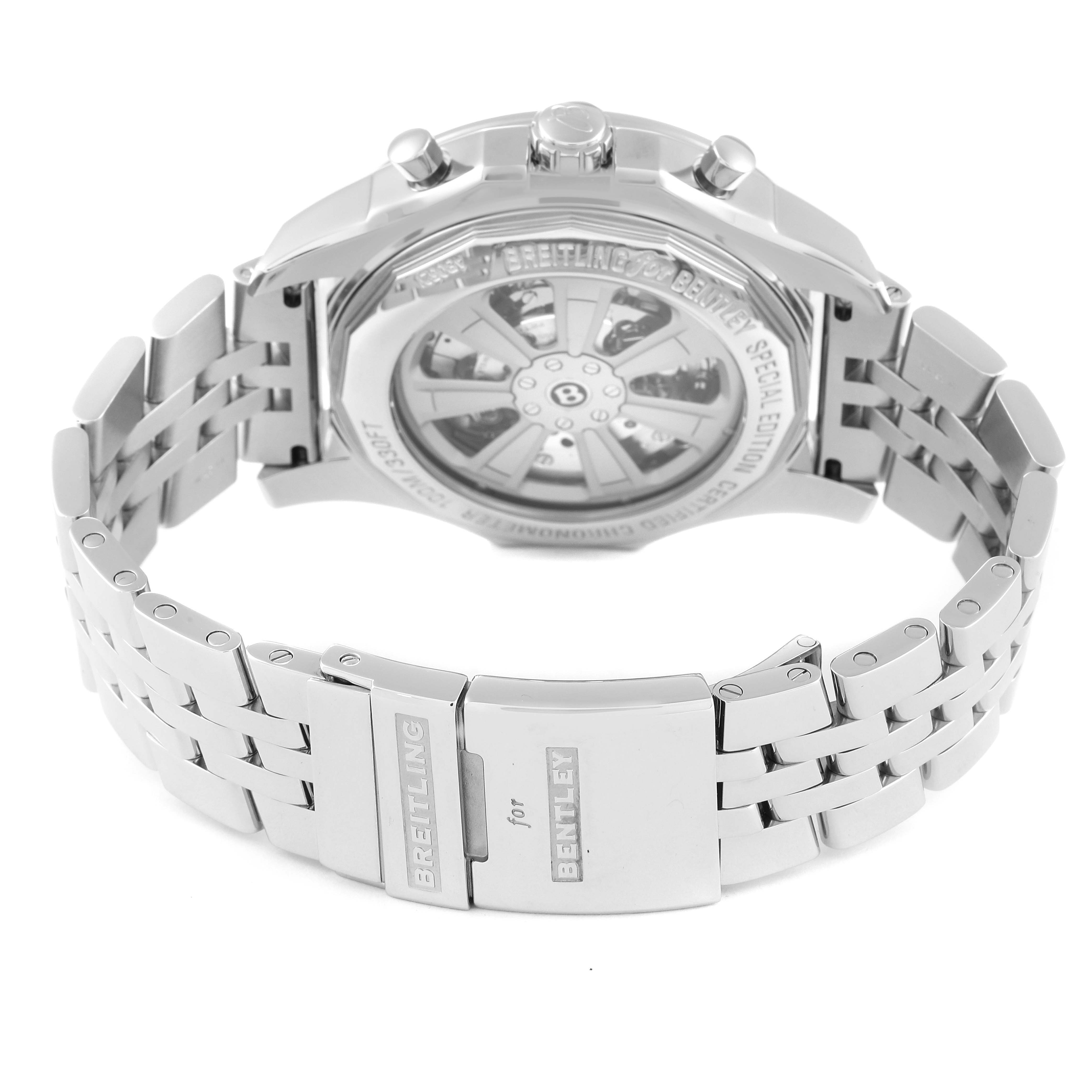 The image shows a Breitling Bentley AB0521U4/BC65 Men's Stainless Steel Black Dial AB0521U4/BC65 Men's Stainless Steel Black Dial model watch from the back, displaying the case back, pushers, and metal bracelet.