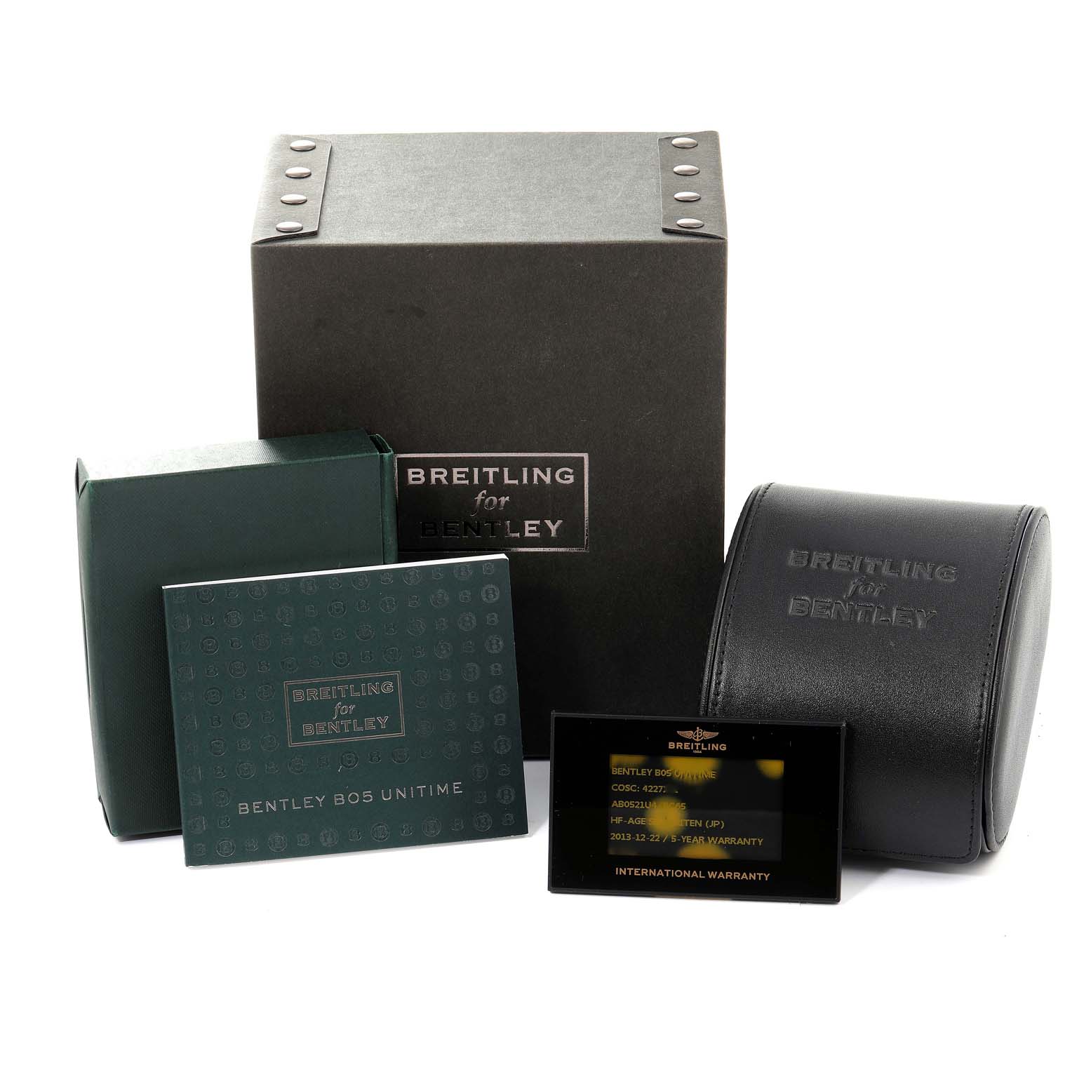 The image shows a box, watch case, manual, and warranty card for the Breitling Bentley AB0521U4/BC65 Men's Stainless Steel Black Dial AB0521U4/BC65 Men's Stainless Steel Black Dial model watch.