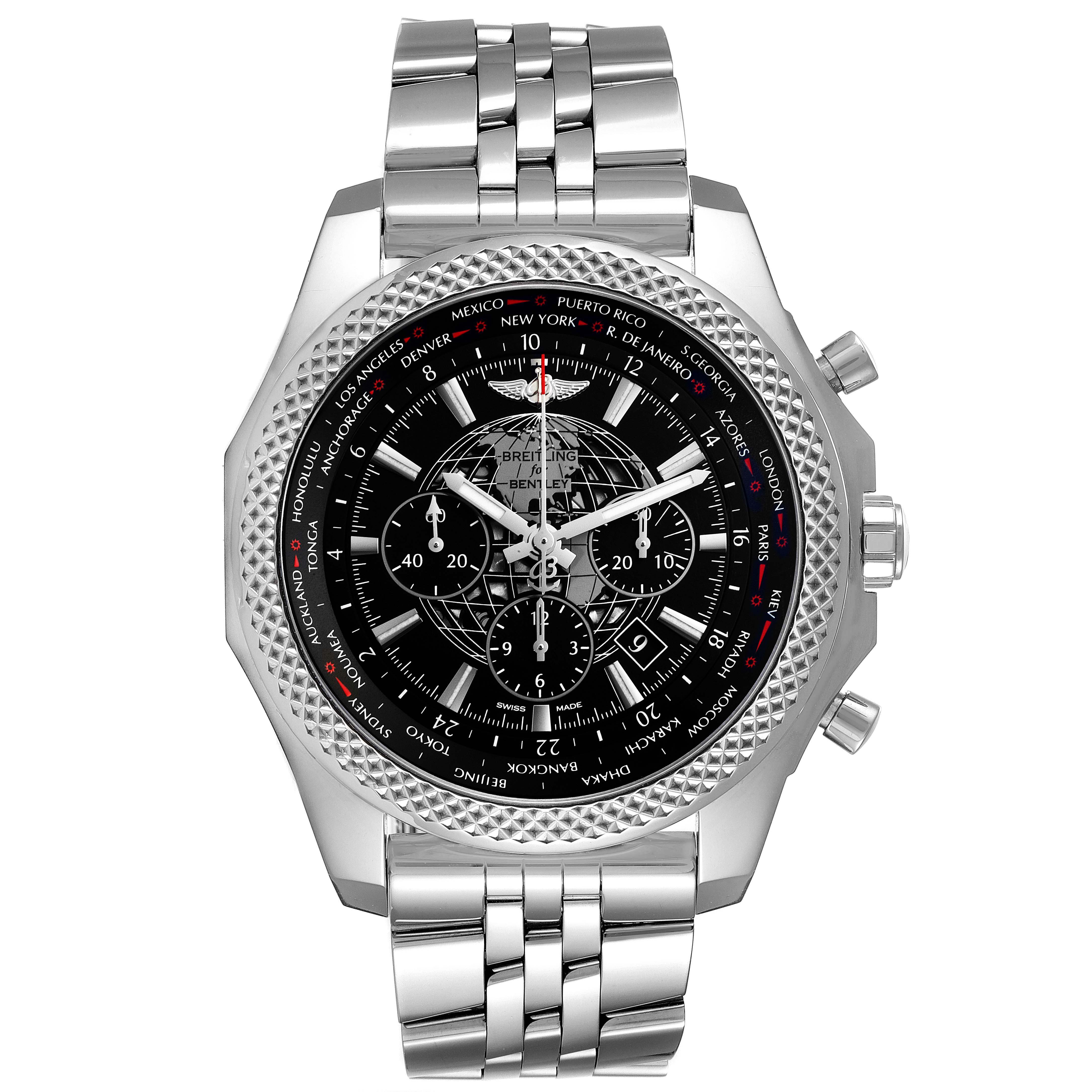 The image shows a frontal view of a Breitling Bentley AB0521U4/BC65 Men's Stainless Steel Black Dial AB0521U4/BC65 Men's Stainless Steel Black Dial watch, highlighting its dial, bezel, and stainless steel bracelet.