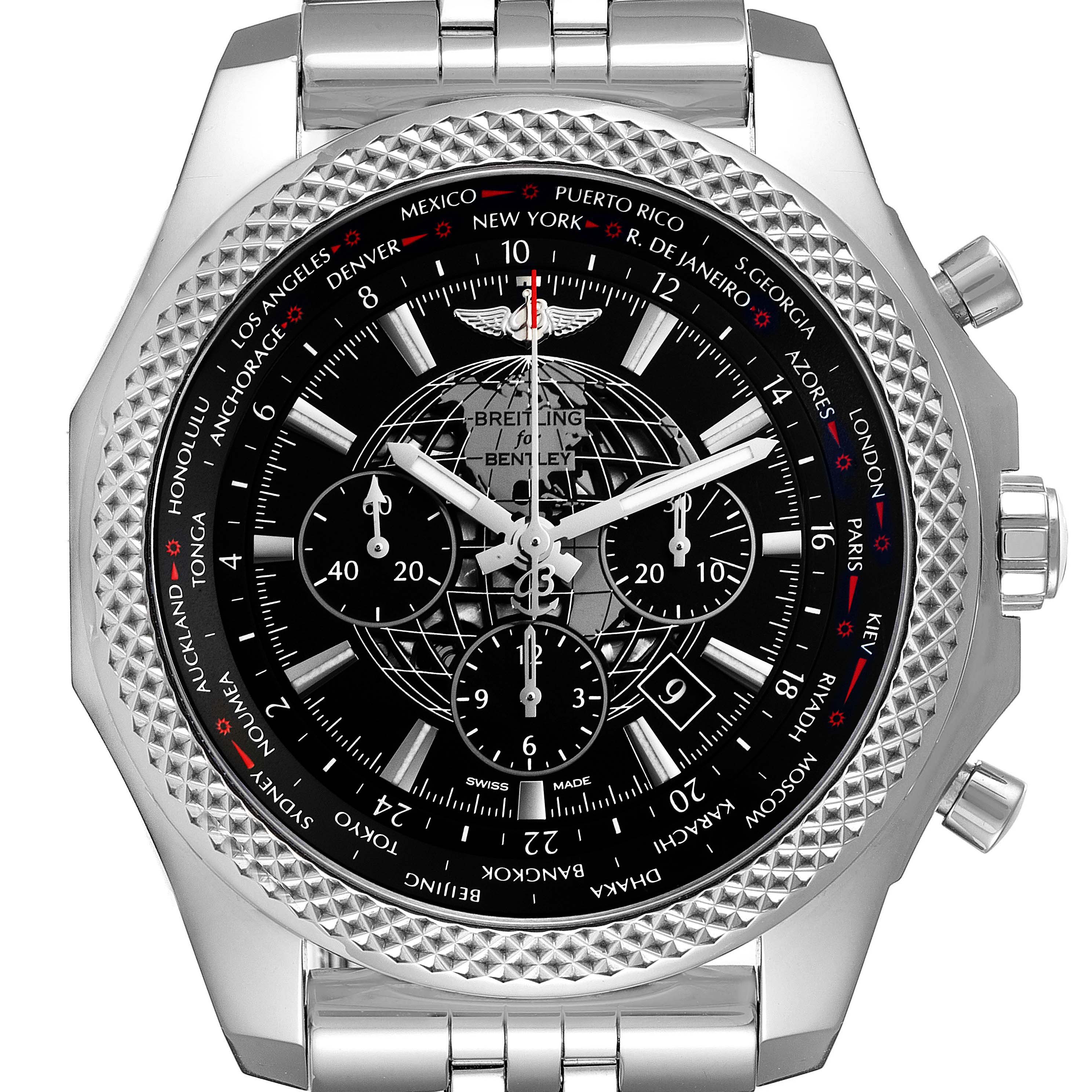 The image displays a front view of a Breitling for Bentley watch, showcasing the dial, bezel, and part of the bracelet.