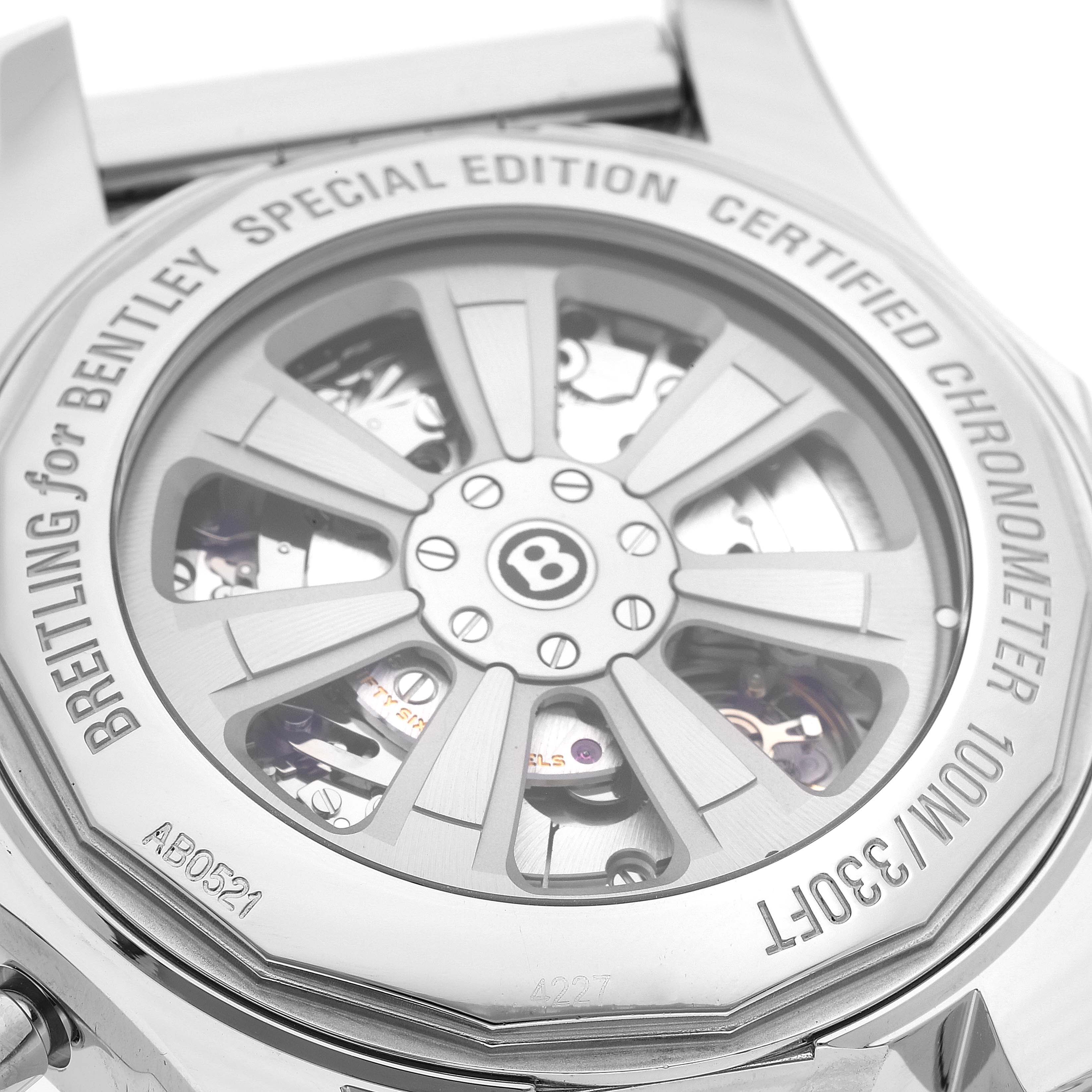 This image shows the case back of the Breitling Bentley AB0521U4/BC65 Men's Stainless Steel Black Dial AB0521U4/BC65 Men's Stainless Steel Black Dial model watch, highlighting the rotor, engraving, and movement parts.