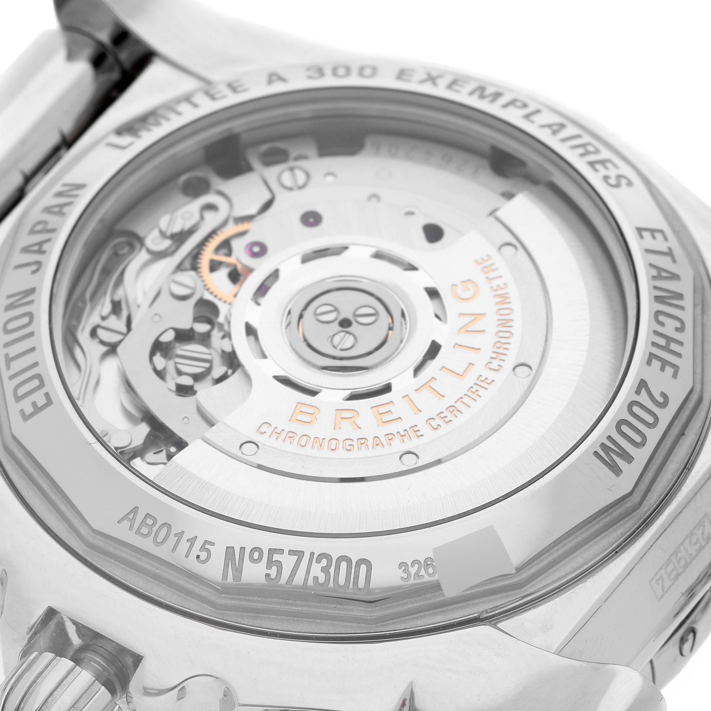 The image shows the case back of the Breitling Chronomat AB0115 Men's Stainless Steel Mother of Pearl Dial AB0115 Men's Stainless Steel Mother of Pearl Dial watch, highlighting the movement and limited edition engraving.