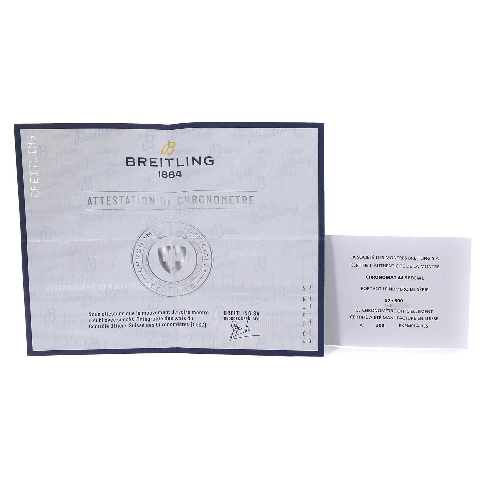 This image shows the authenticity certificate and COSC chronometer certification papers for a Breitling Chronomat AB0115 Men's Stainless Steel Mother of Pearl Dial AB0115 Men's Stainless Steel Mother of Pearl Dial model.