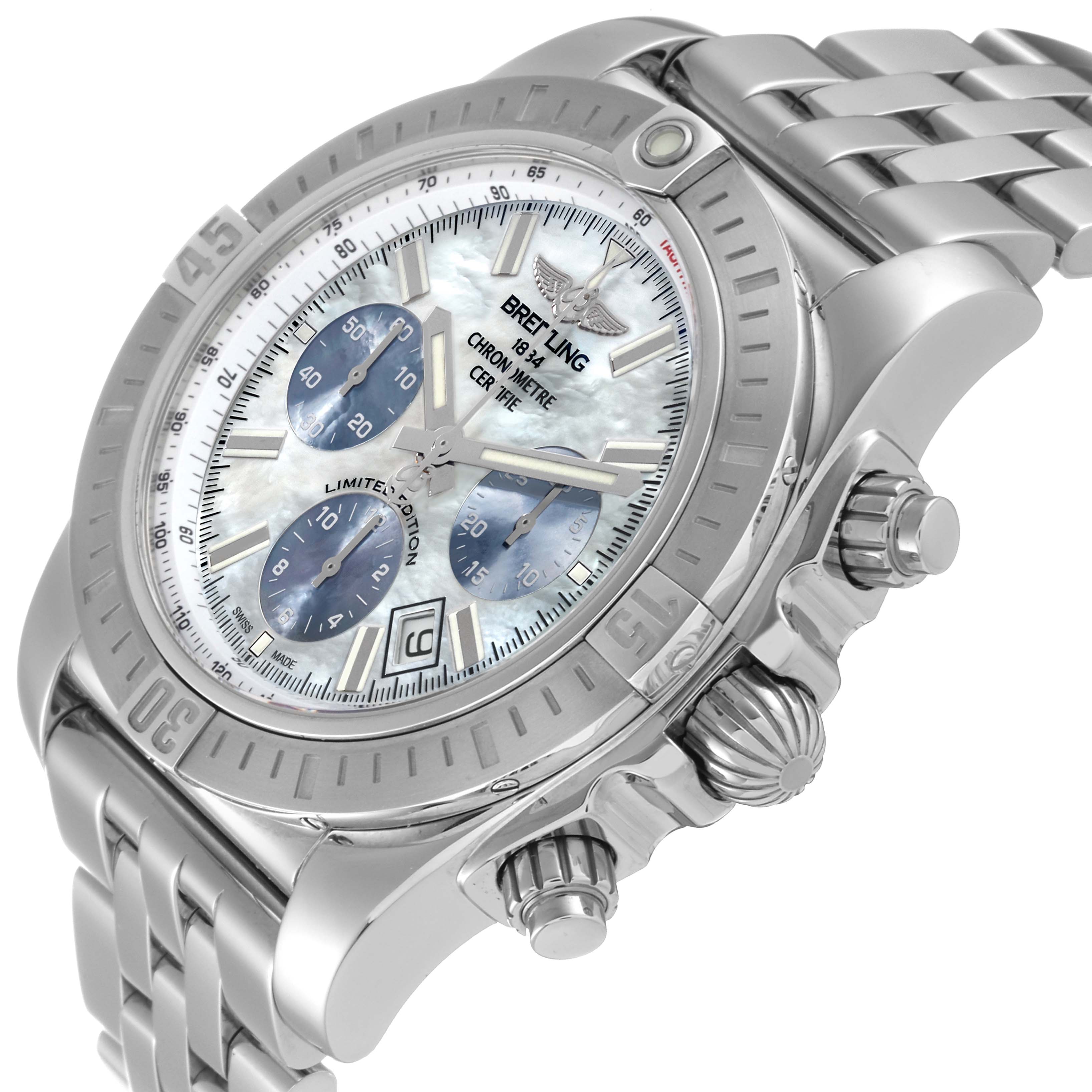 This image shows a close-up, angled view of the Breitling Chronomat AB0115 Men's Stainless Steel Mother of Pearl Dial AB0115 Men's Stainless Steel Mother of Pearl Dial watch, highlighting the dial, bezel, and crown.