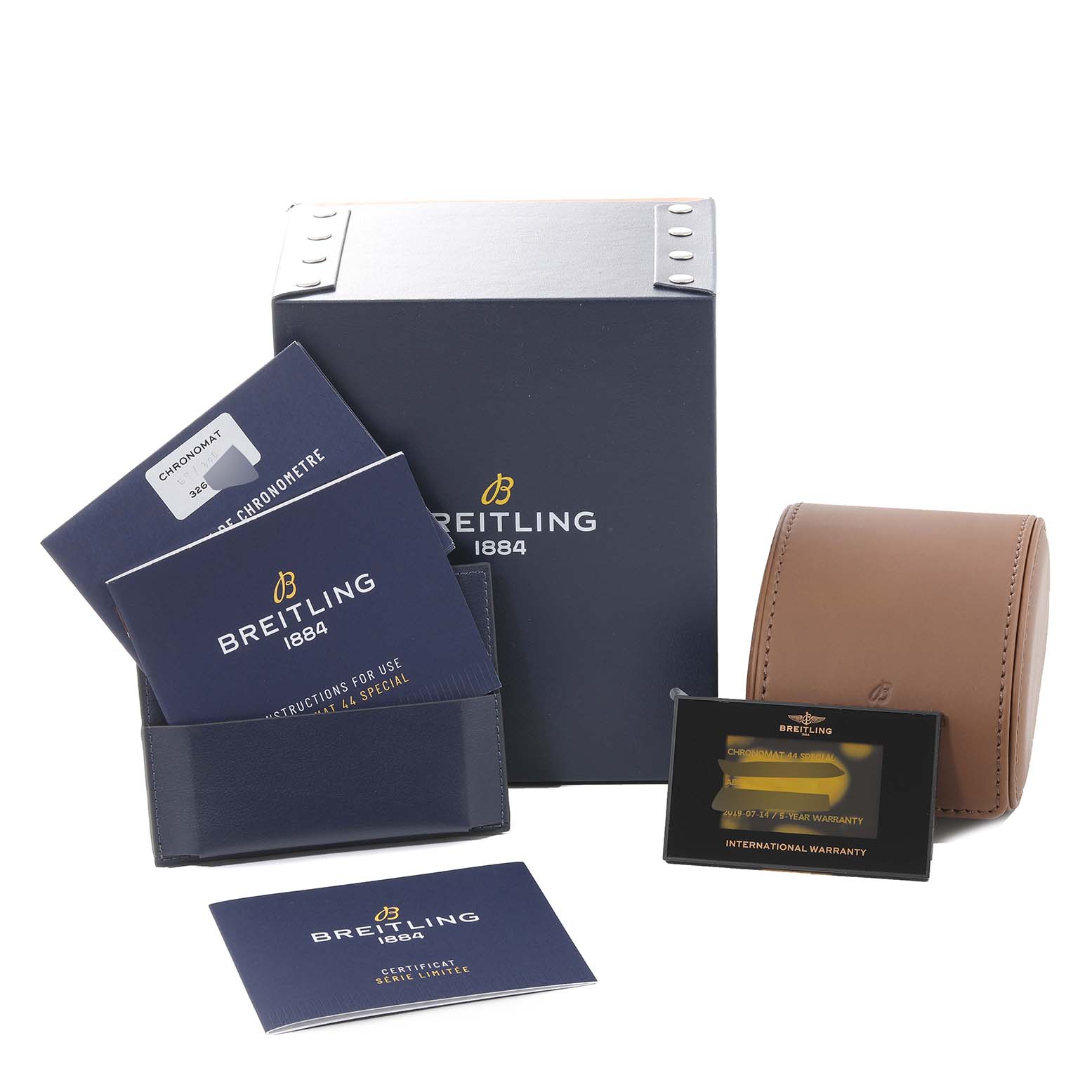 The image shows the packaging and accessories of a Breitling Chronomat AB0115 Men's Stainless Steel Mother of Pearl Dial AB0115 Men's Stainless Steel Mother of Pearl Dial watch, including a box, manuals, warranty card, and a leather case.