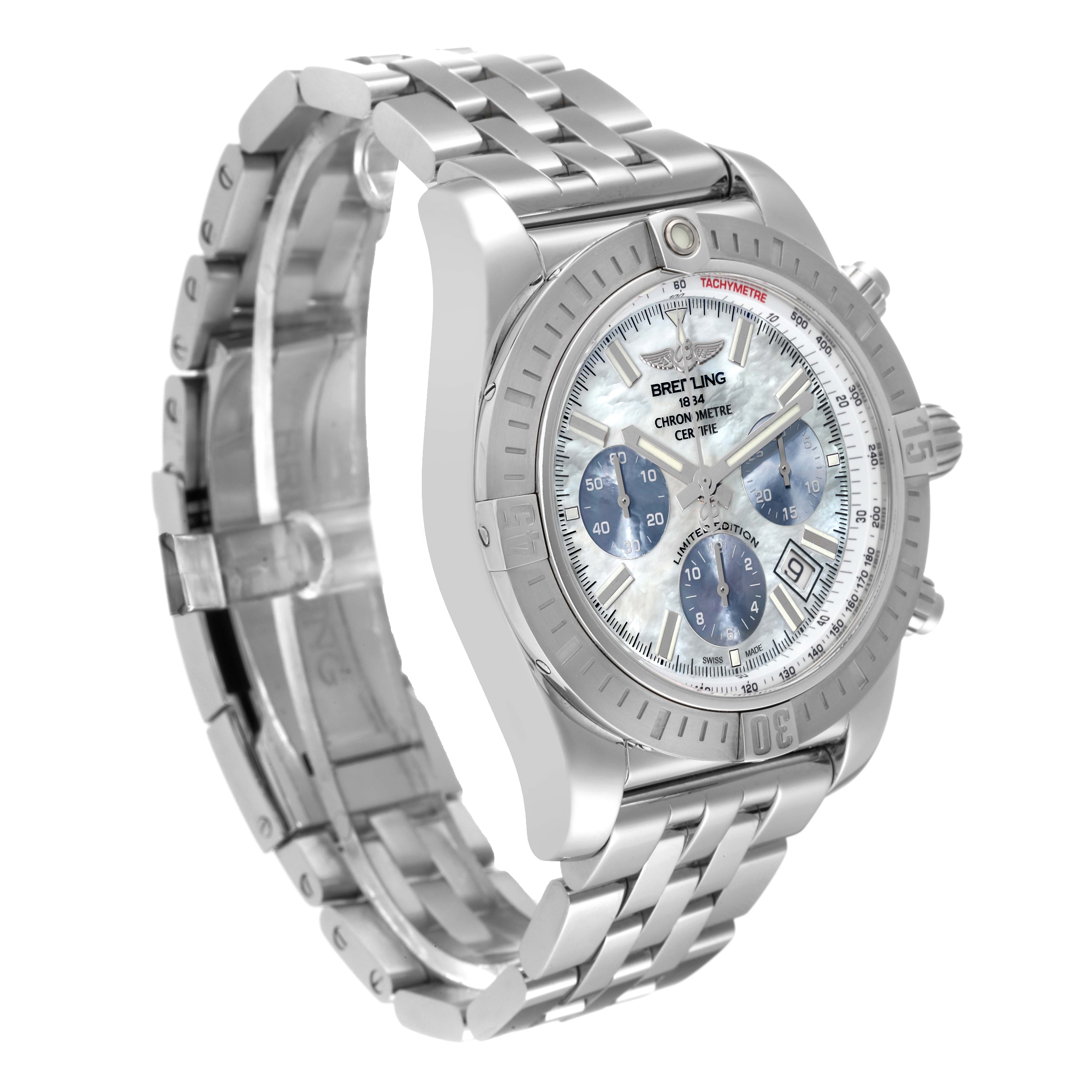 The Breitling Chronomat AB0115 Men's Stainless Steel Mother of Pearl Dial AB0115 Men's Stainless Steel Mother of Pearl Dial watch is shown from a side angle, featuring its metal bracelet, bezel, and dial.