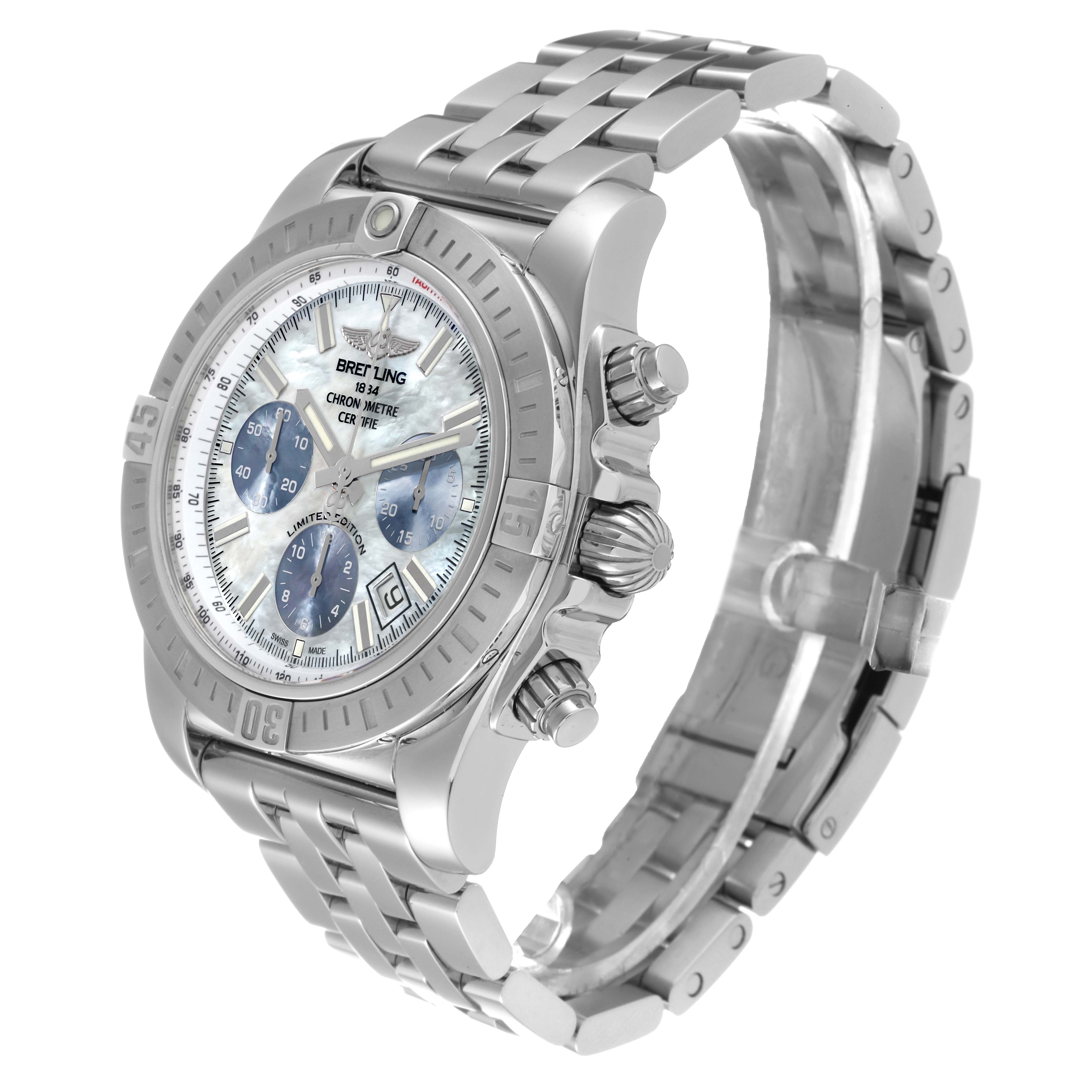 The image shows a side angle of a Breitling Chronomat AB0115 Men's Stainless Steel Mother of Pearl Dial AB0115 Men's Stainless Steel Mother of Pearl Dial watch, highlighting its face, bezel, and metal bracelet.