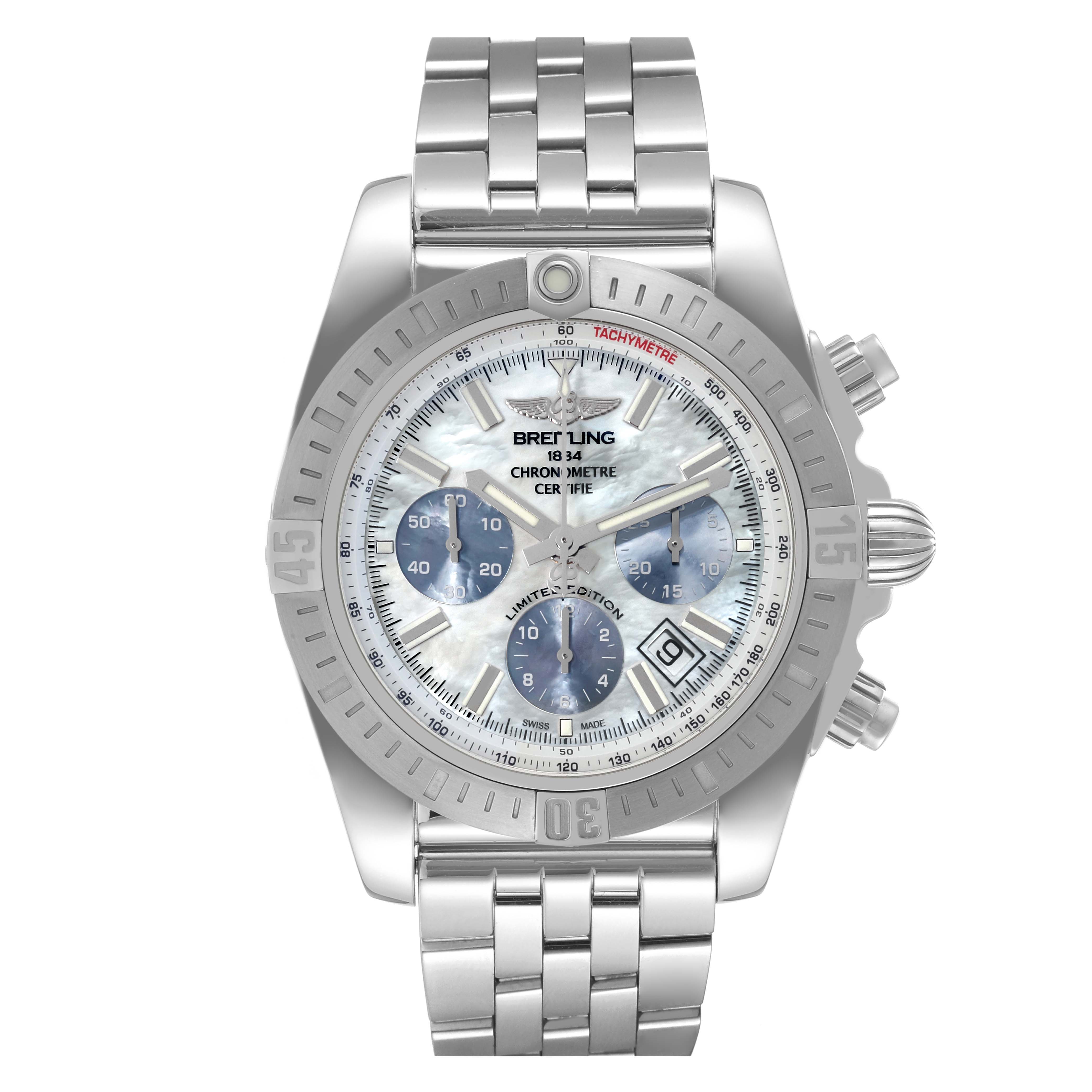 This image displays a Breitling Chronomat AB0115 Men's Stainless Steel Mother of Pearl Dial AB0115 Men's Stainless Steel Mother of Pearl Dial watch front-on, showcasing the dial, bezel, subdials, and stainless steel bracelet.