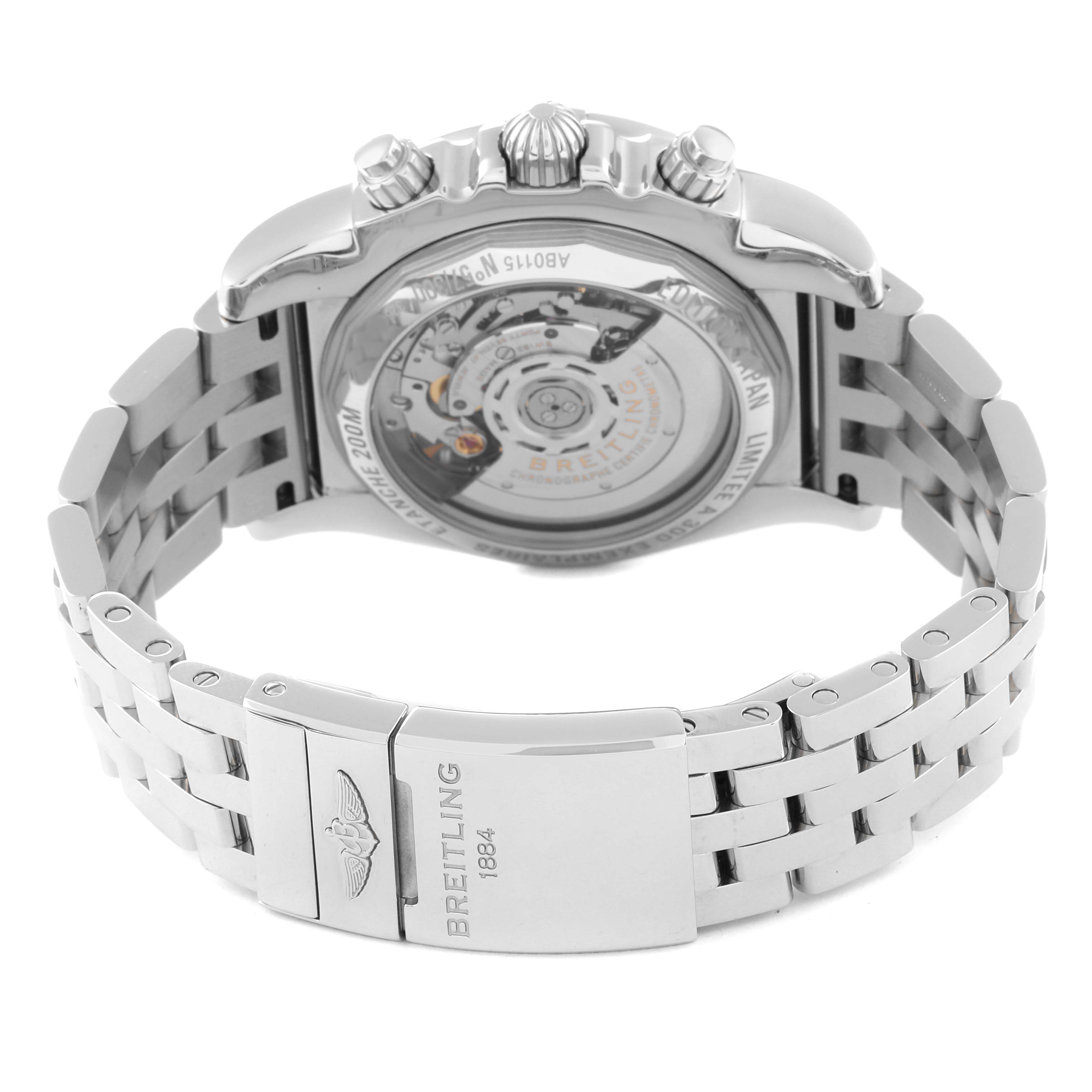 The image shows the back view of a Breitling Chronomat AB0115 Men's Stainless Steel Mother of Pearl Dial AB0115 Men's Stainless Steel Mother of Pearl Dial watch, particularly highlighting the movement and the clasp on the bracelet.