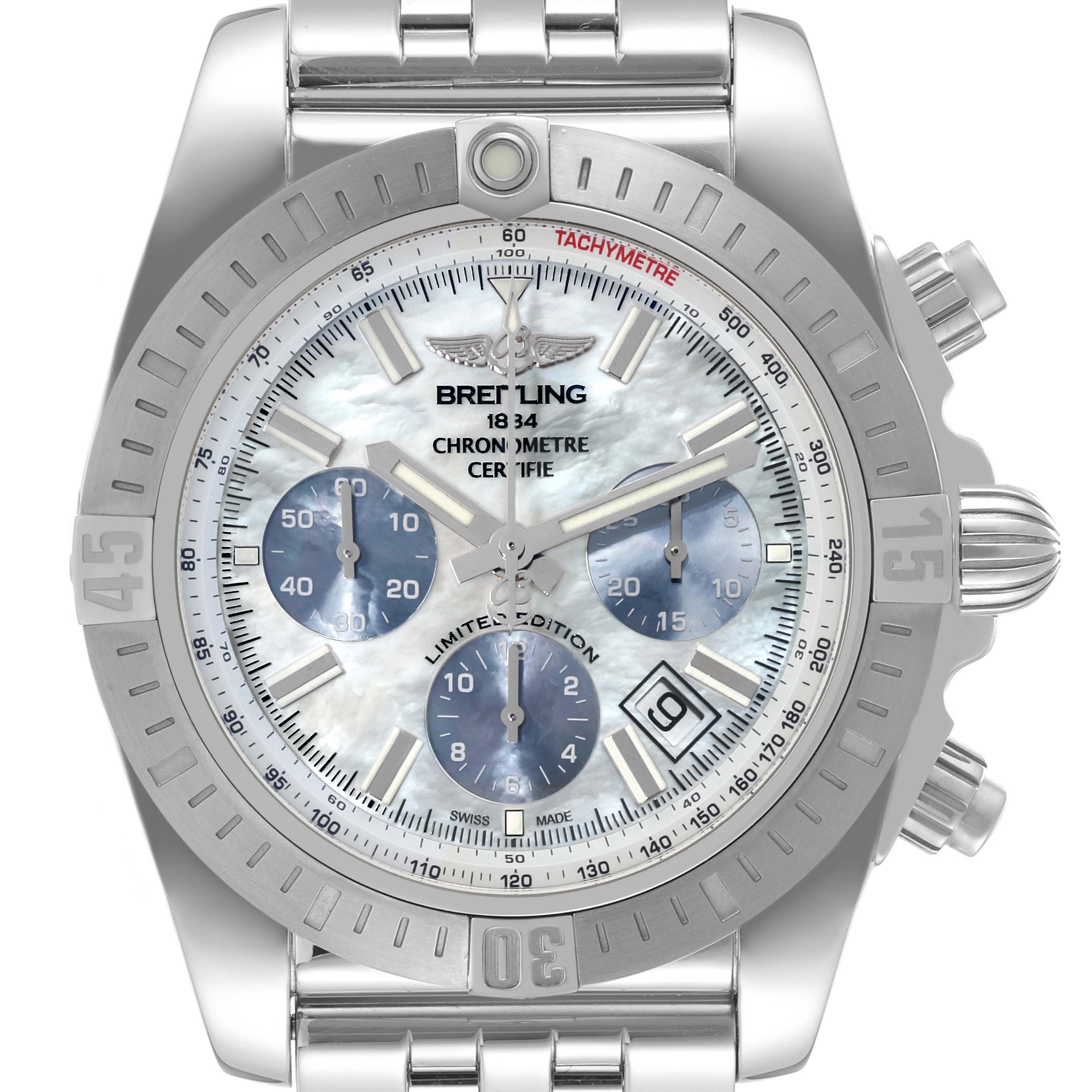 The image shows a Breitling Chronomat AB0115 Men's Stainless Steel Mother of Pearl Dial AB0115 Men's Stainless Steel Mother of Pearl Dial watch from a front angle, displaying the face, bezel, crown, and part of the metal bracelet.