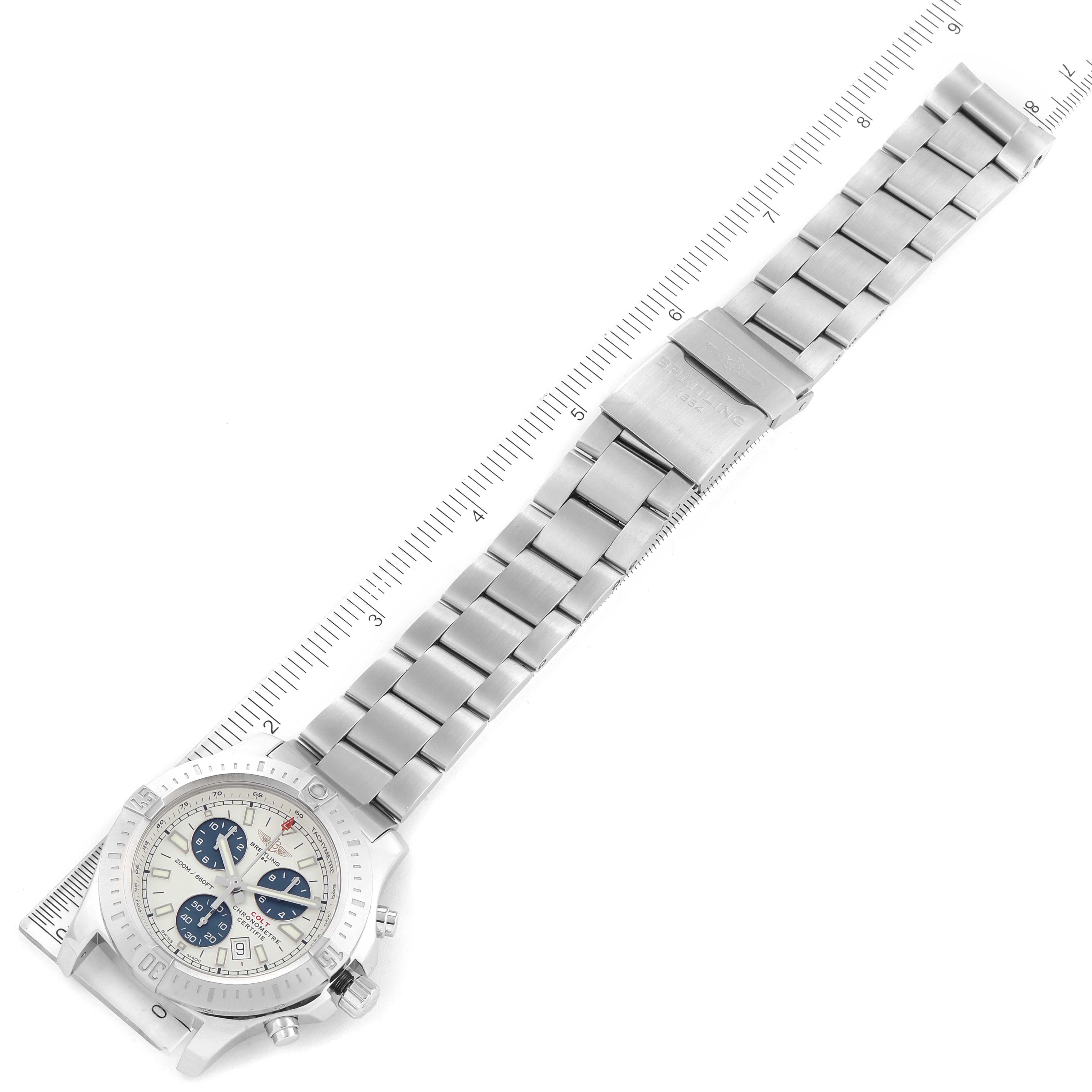 The Breitling Colt A73388 Men
s Stainless Steel White Dial A73388 Men
s Stainless Steel White Dial watch is shown from a top-down angle, displaying the face, bezel, and metal bracelet.