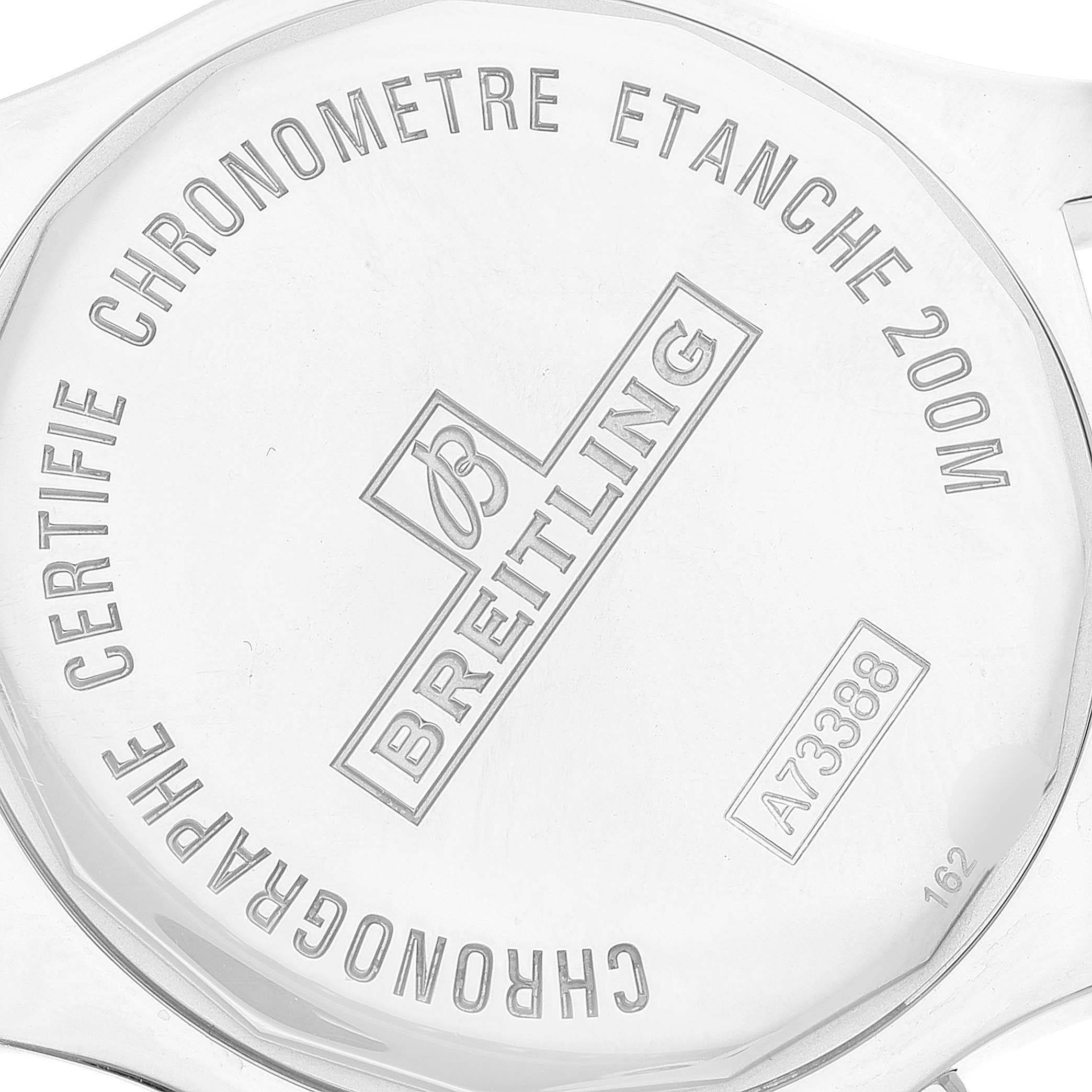 This image shows the case back of the Breitling Colt A73388 Men
s Stainless Steel White Dial A73388 Men
s Stainless Steel White Dial watch, featuring brand markings and specifications.
