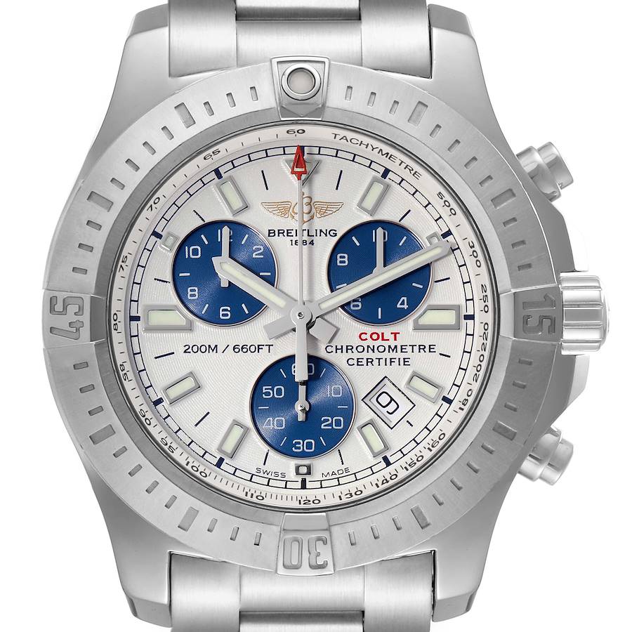 Breitling Colt Chronograph Blue Subdials Steel Mens Watch A73388 Box Card SwissWatchExpo