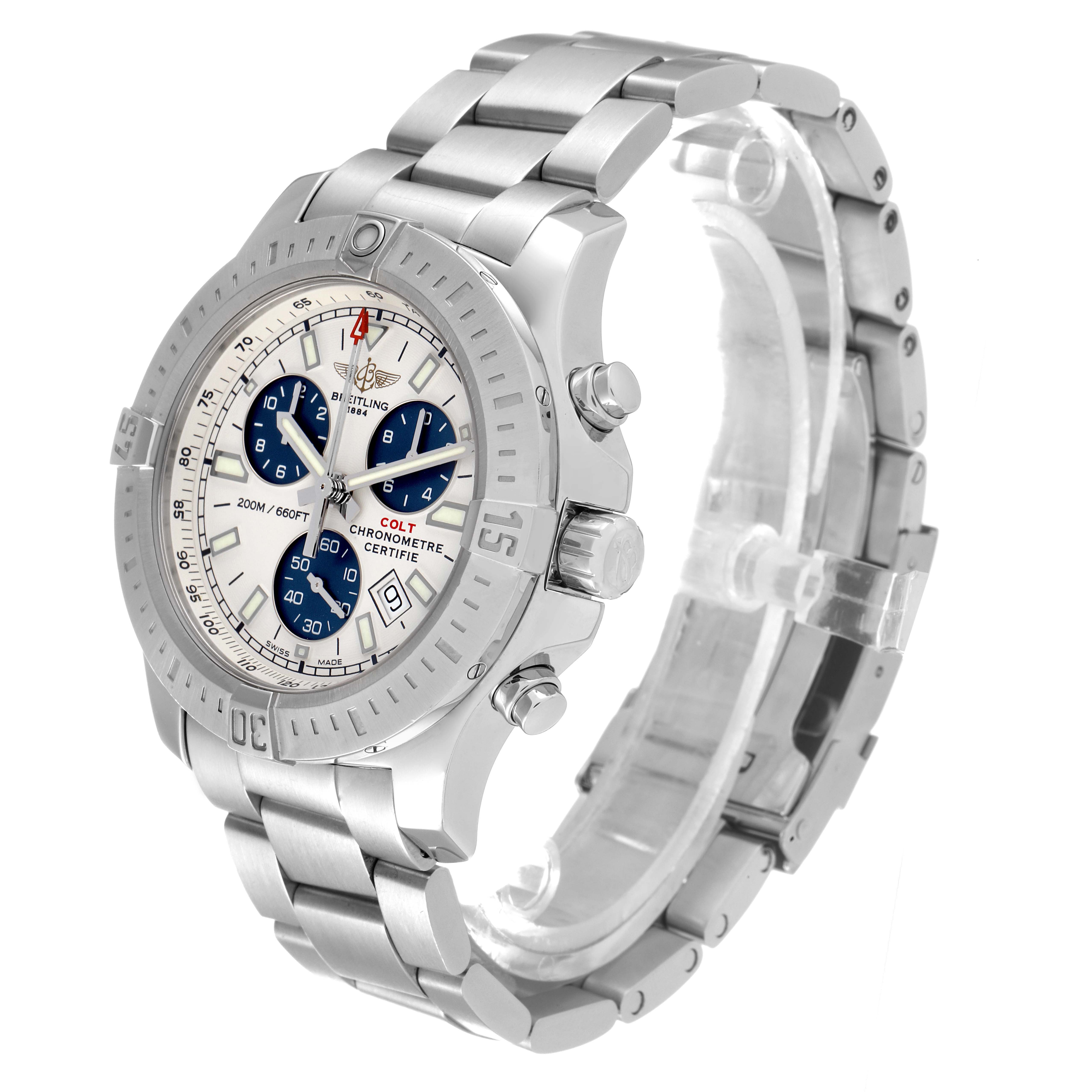 The image shows a Breitling Colt A73388 Men
s Stainless Steel White Dial A73388 Men
s Stainless Steel White Dial watch at a three-quarter angle, highlighting its face, bezel, case, and metal bracelet.