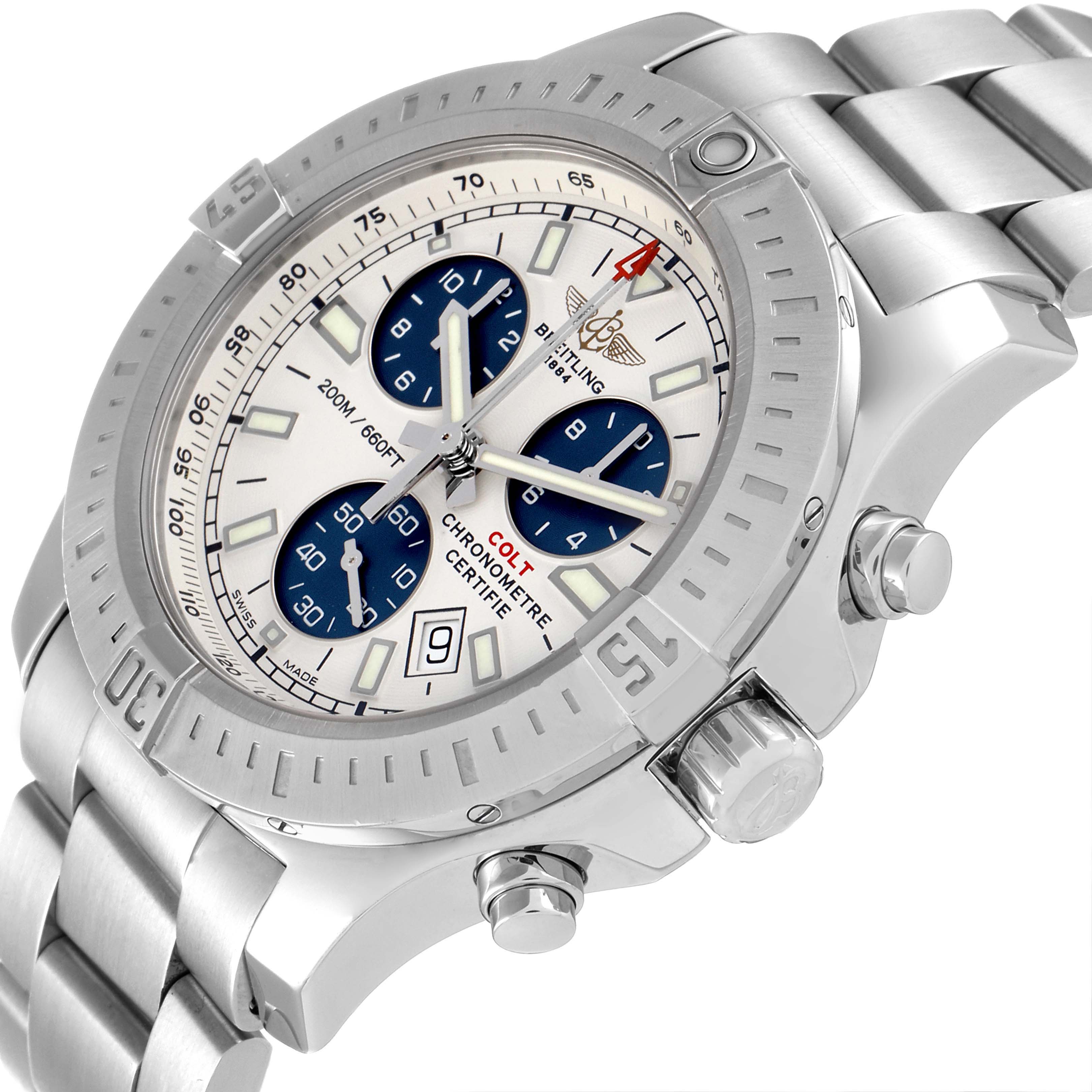 The image displays a close-up angled view of the Breitling Colt A73388 Men
s Stainless Steel White Dial A73388 Men
s Stainless Steel White Dial watch, showcasing its face, bezel, and bracelet.