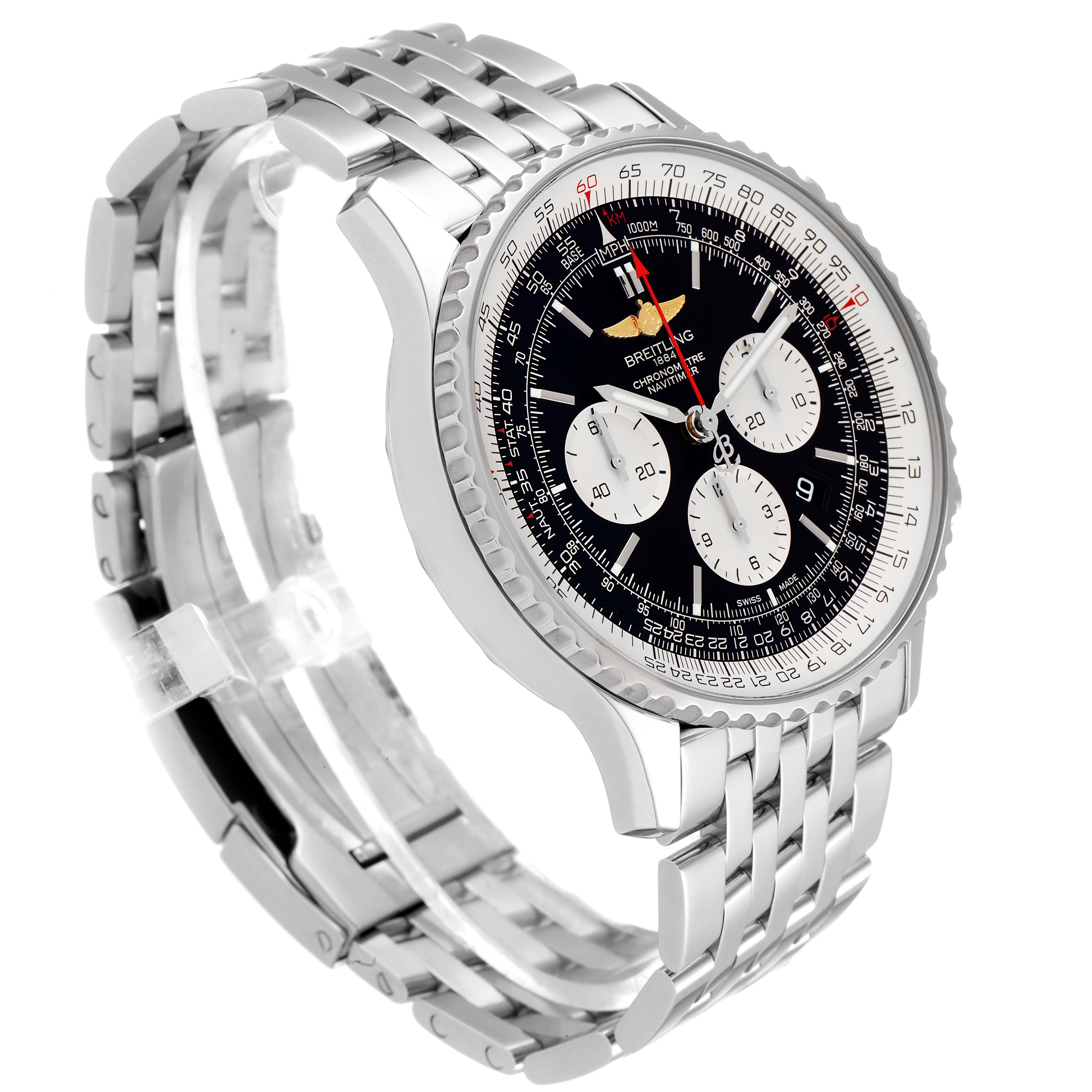 The image shows a Breitling Navitimer AB0127-211-B1A1 Men
s Stainless Steel Black Dial AB0127-211-B1A1 Men
s Stainless Steel Black Dial watch from a left-front angle, highlighting its metallic bracelet and intricate dial.