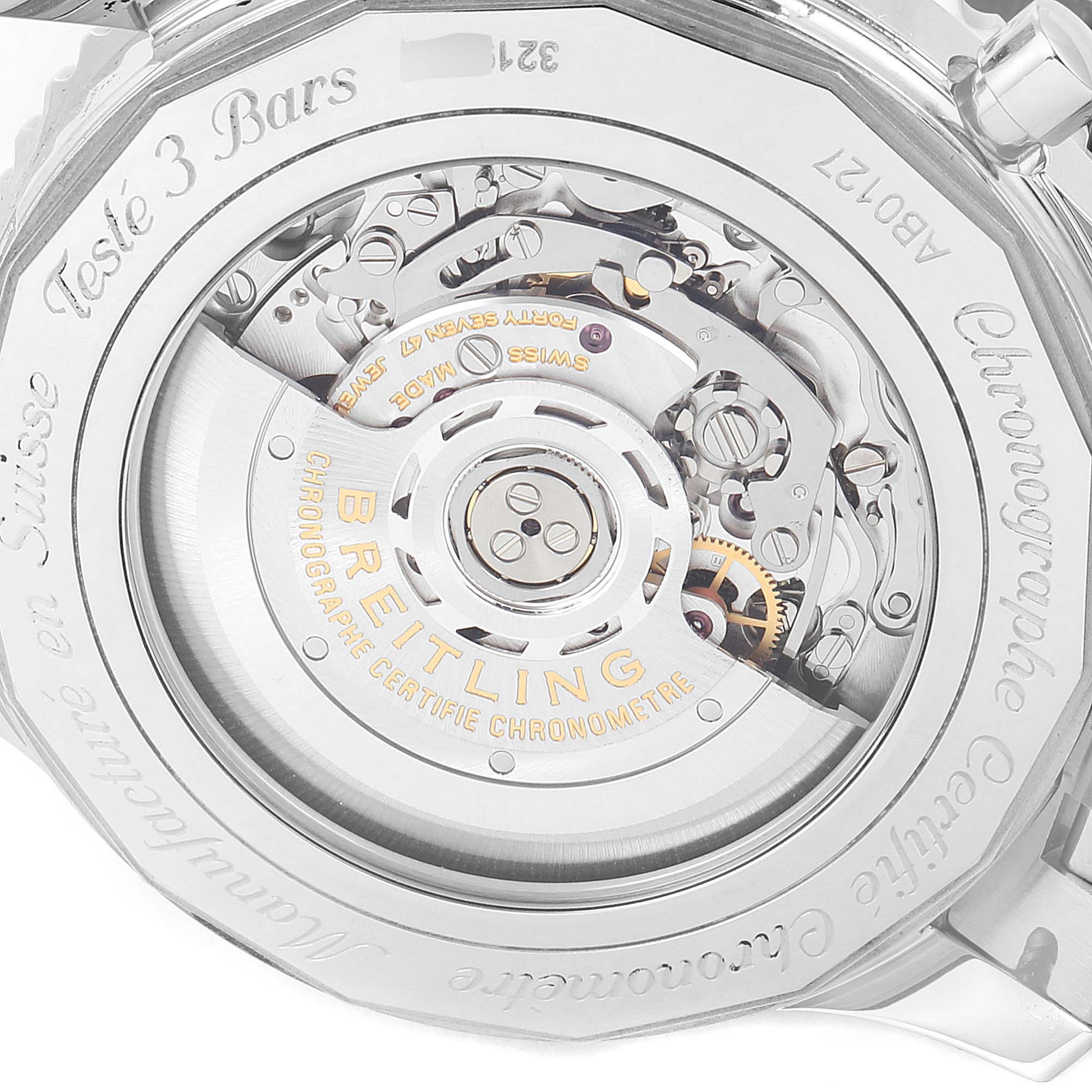 This image shows the exposed case back of a Breitling Navitimer AB0127-211-B1A1 Men
s Stainless Steel Black Dial AB0127-211-B1A1 Men
s Stainless Steel Black Dial watch, displaying its automatic movement and intricate inner mechanisms.