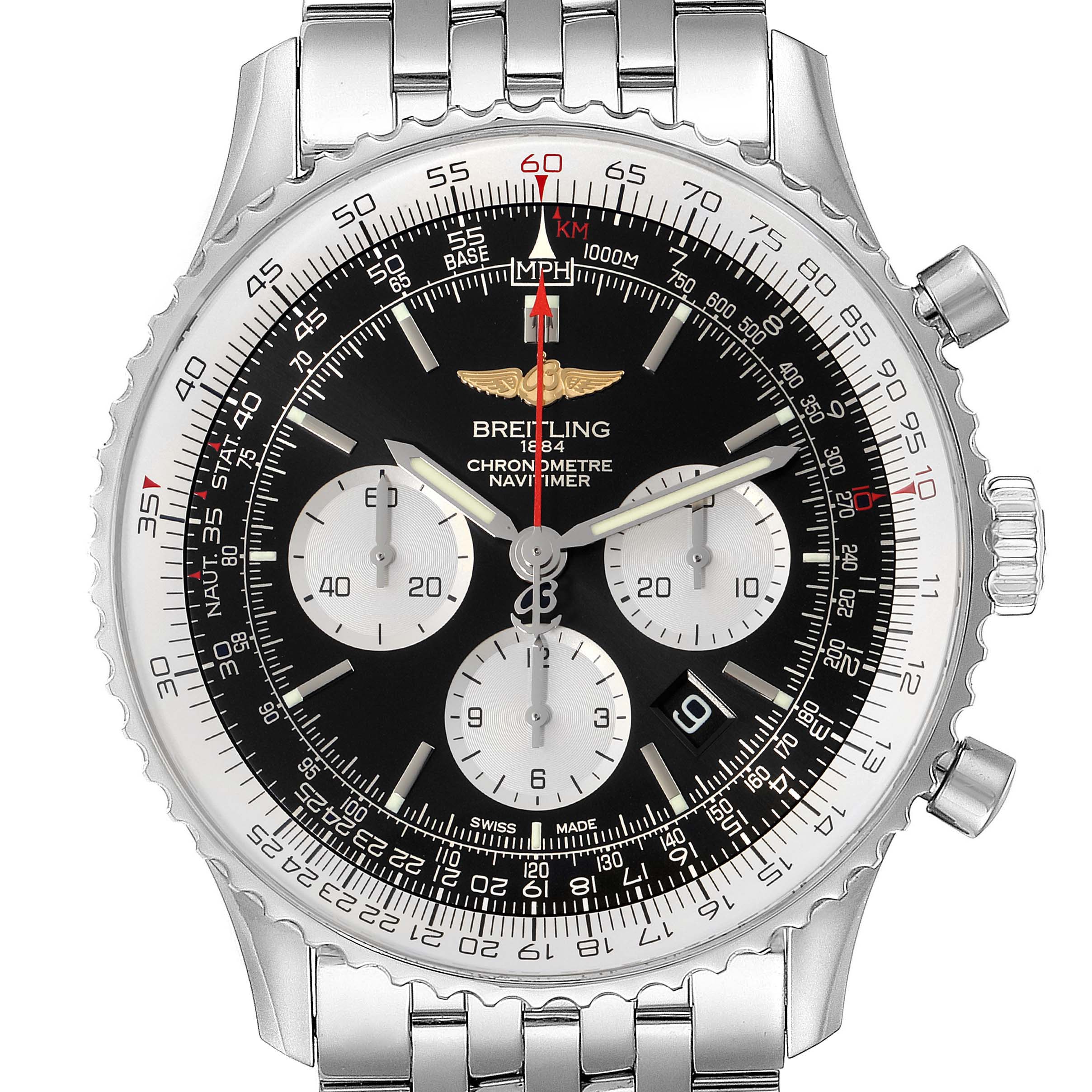 This image shows a front view of a Breitling Navitimer AB0127-211-B1A1 Men
s Stainless Steel Black Dial AB0127-211-B1A1 Men
s Stainless Steel Black Dial watch, highlighting its dial, sub-dials, bezel, and metal bracelet.