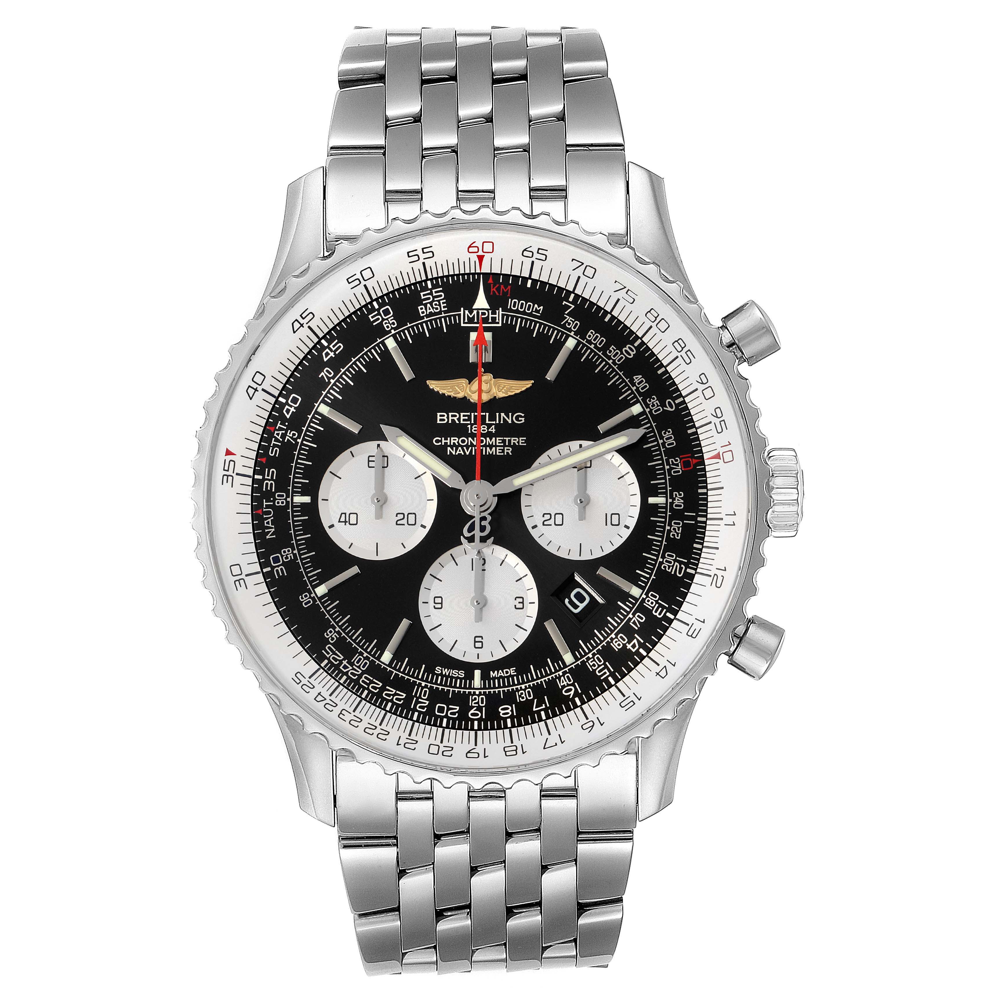 The image shows a front view of the Breitling Navitimer AB0127-211-B1A1 Men
s Stainless Steel Black Dial AB0127-211-B1A1 Men
s Stainless Steel Black Dial watch, highlighting its face, bezel, and metal bracelet.