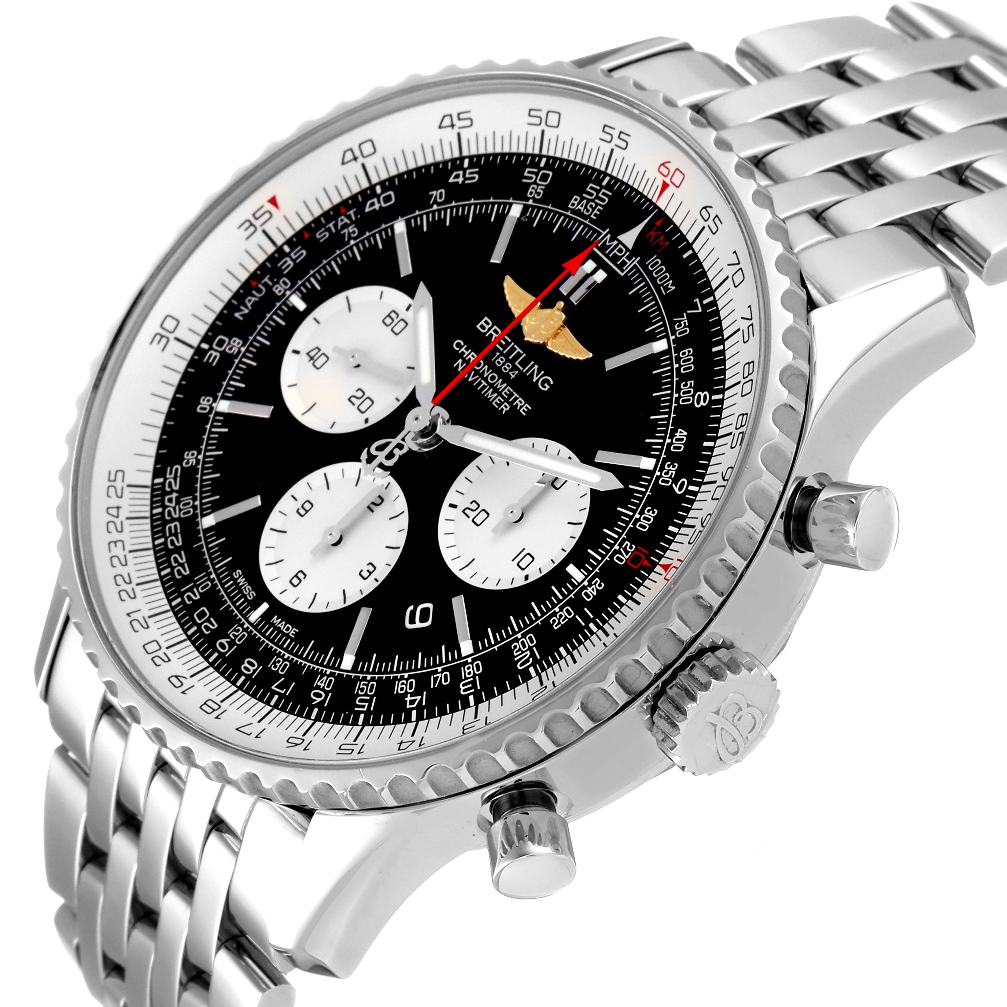 The image shows a close-up angled view of a Breitling Navitimer AB0127-211-B1A1 Men
s Stainless Steel Black Dial AB0127-211-B1A1 Men
s Stainless Steel Black Dial watch, highlighting the dial, sub-dials, bezel, and side crowns.