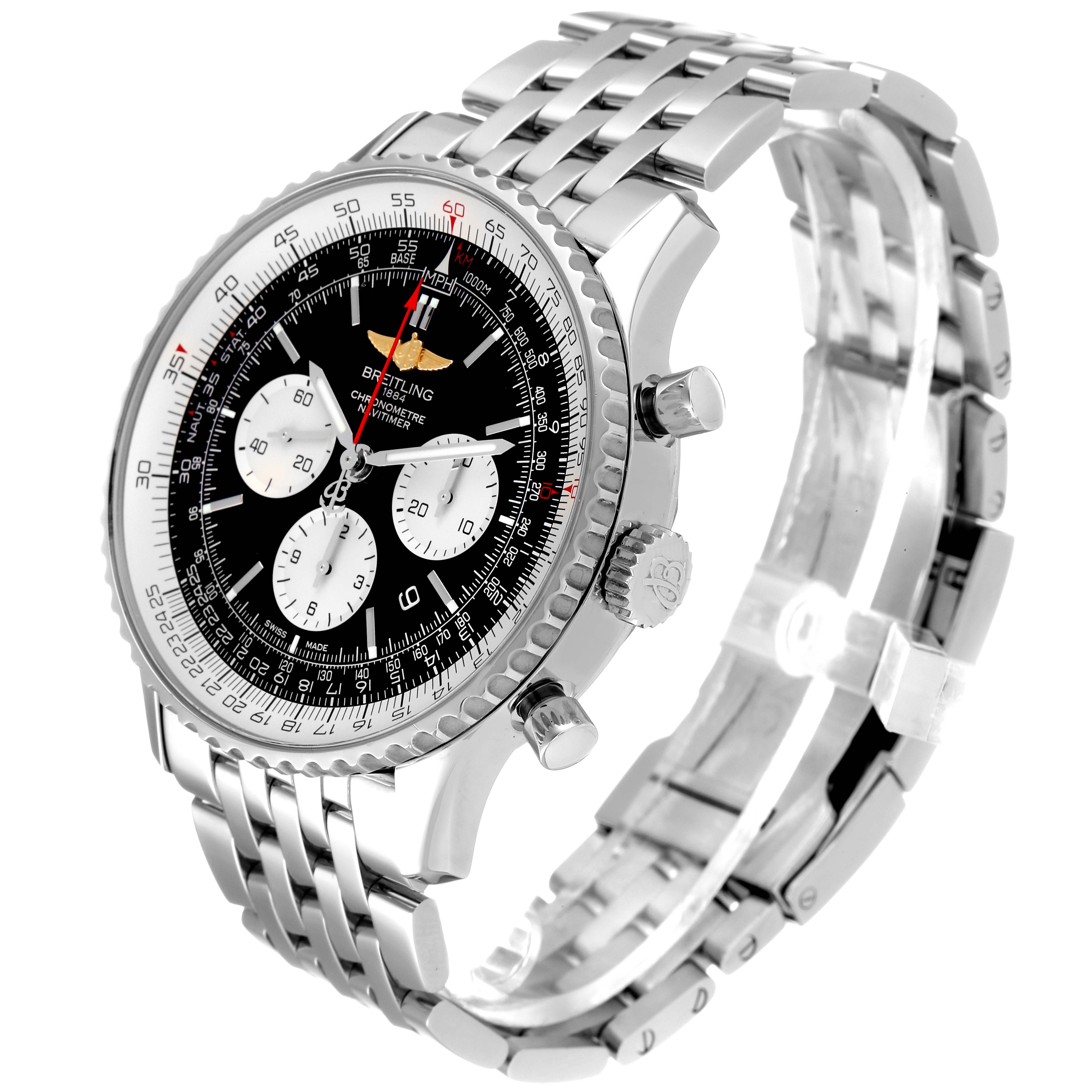 The Breitling Navitimer AB0127-211-B1A1 Men
s Stainless Steel Black Dial AB0127-211-B1A1 Men
s Stainless Steel Black Dial watch is shown at a three-quarter angle, displaying the face, bezel, crown, and band.