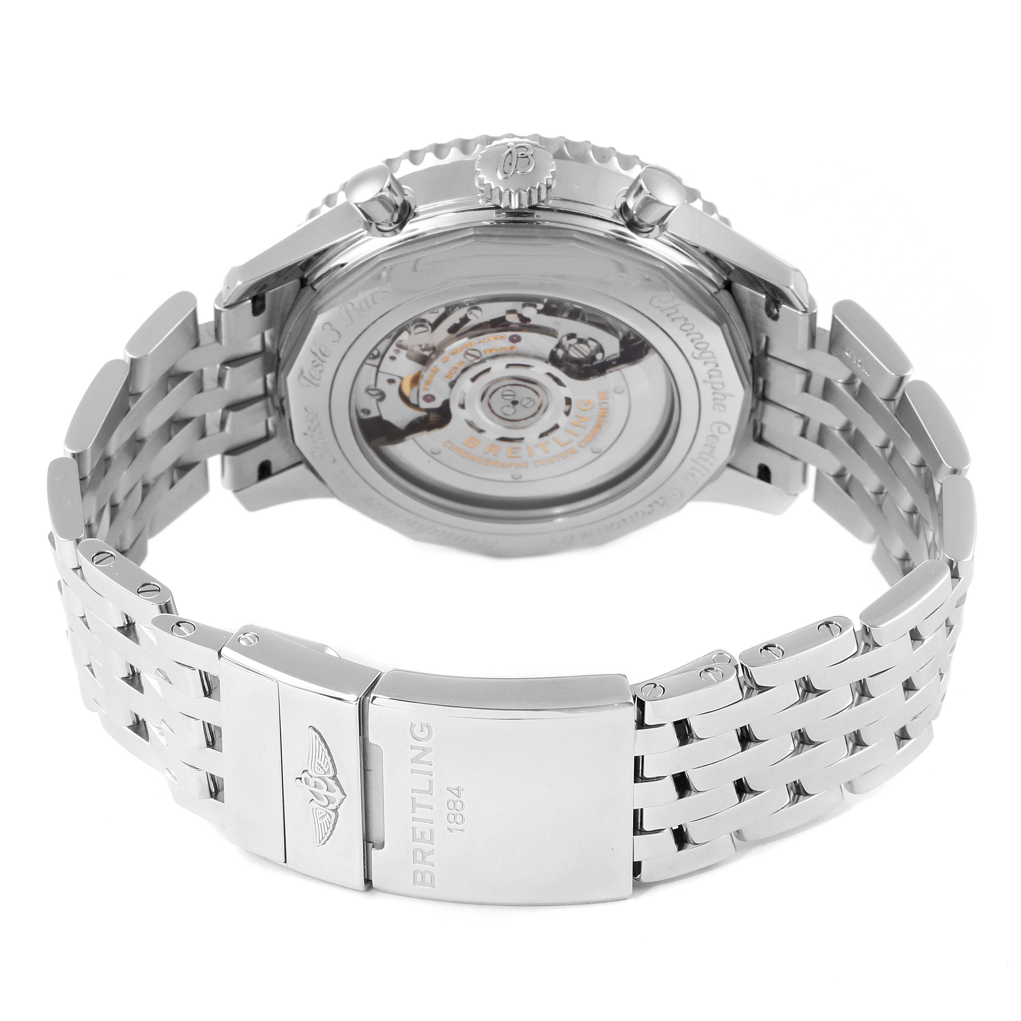 The image shows the back view of the Breitling Navitimer AB0127-211-B1A1 Men
s Stainless Steel Black Dial AB0127-211-B1A1 Men
s Stainless Steel Black Dial watch, highlighting its transparent case back and metal bracelet.