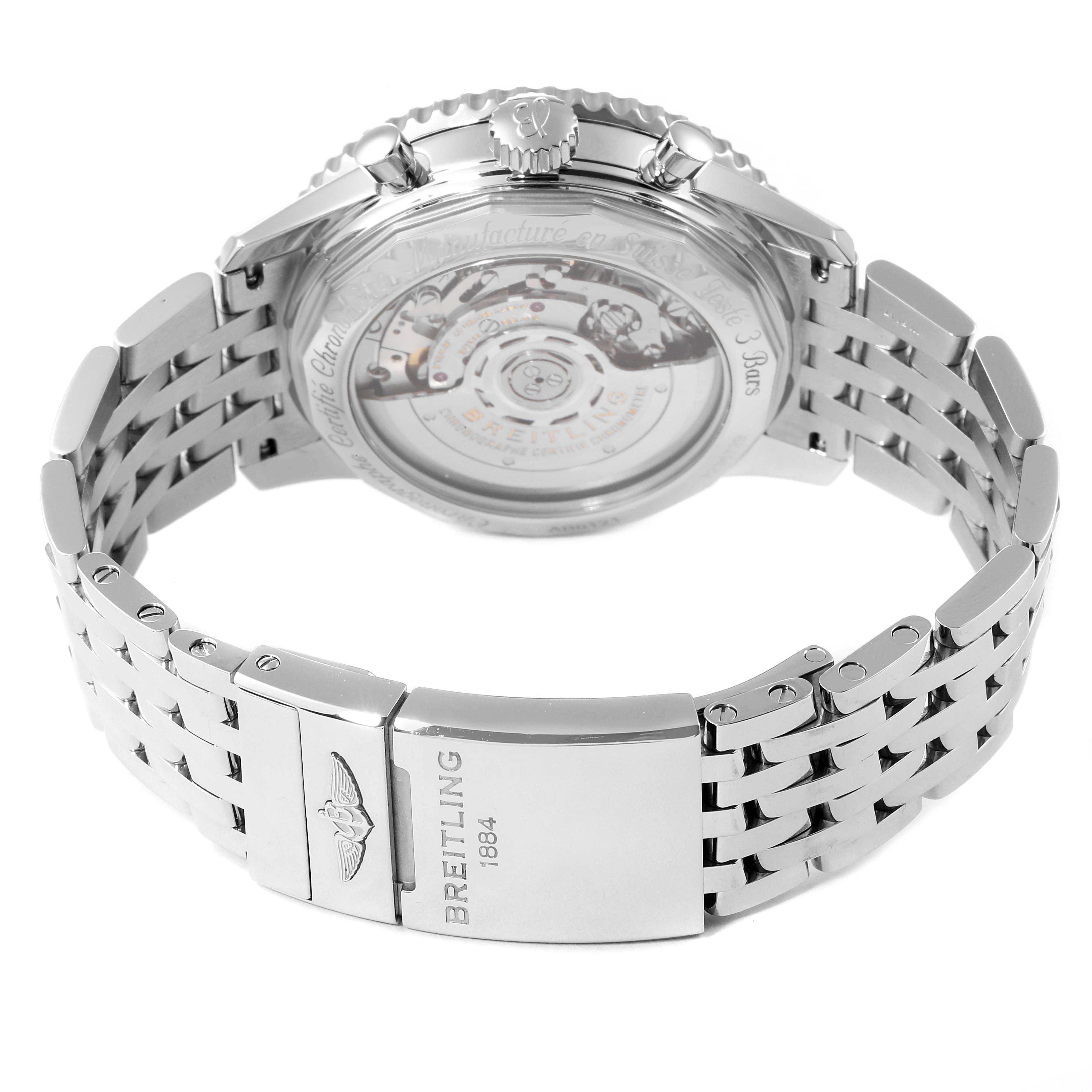 The Breitling Navitimer AB0121 Men's Stainless Steel Blue Dial AB0121 Men's Stainless Steel Blue Dial watch is shown from the back, highlighting its transparent case back and stainless steel bracelet.