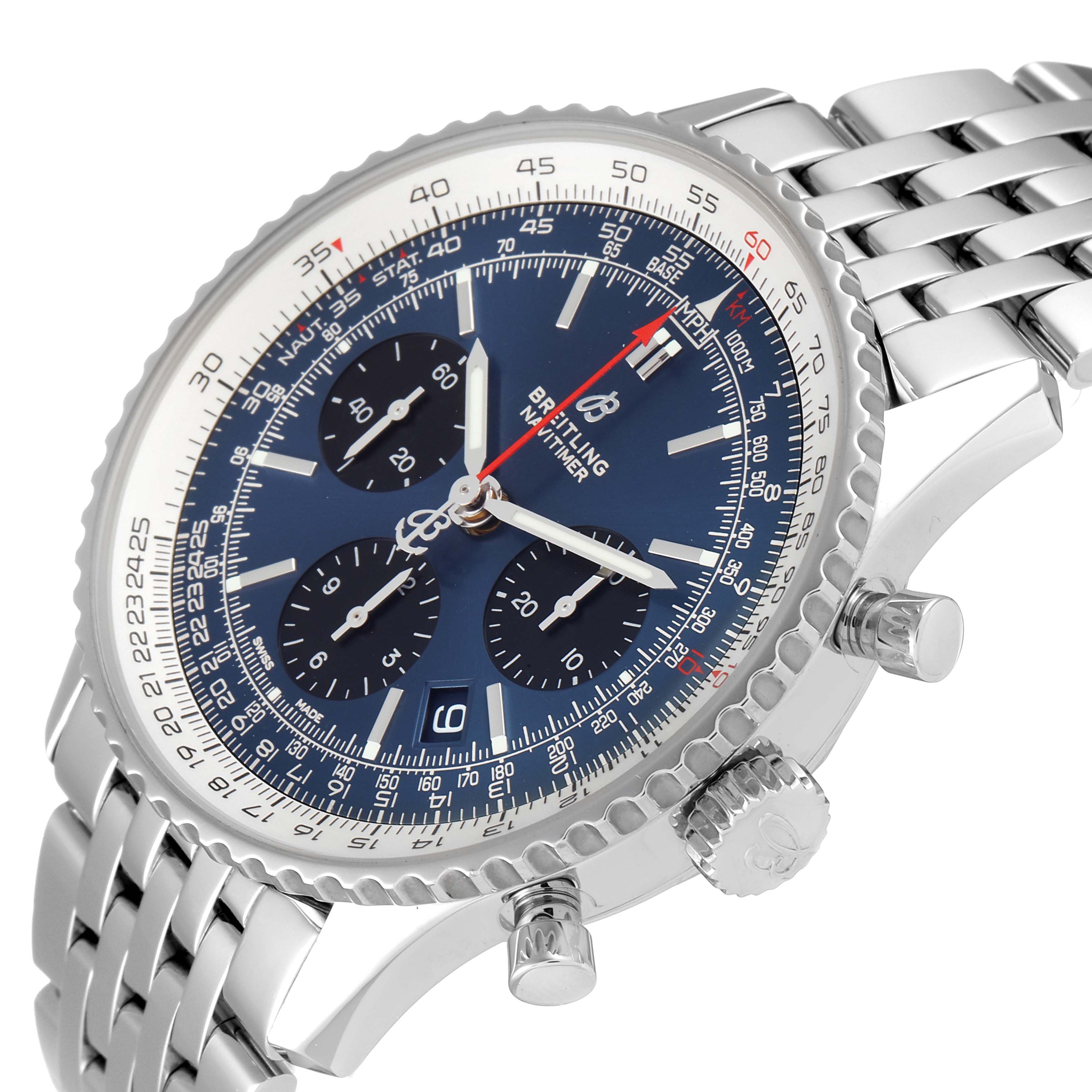 The image shows a Breitling Navitimer AB0121 Men's Stainless Steel Blue Dial AB0121 Men's Stainless Steel Blue Dial watch from an angled side view, highlighting the face, bezel, pushers, and part of the bracelet.